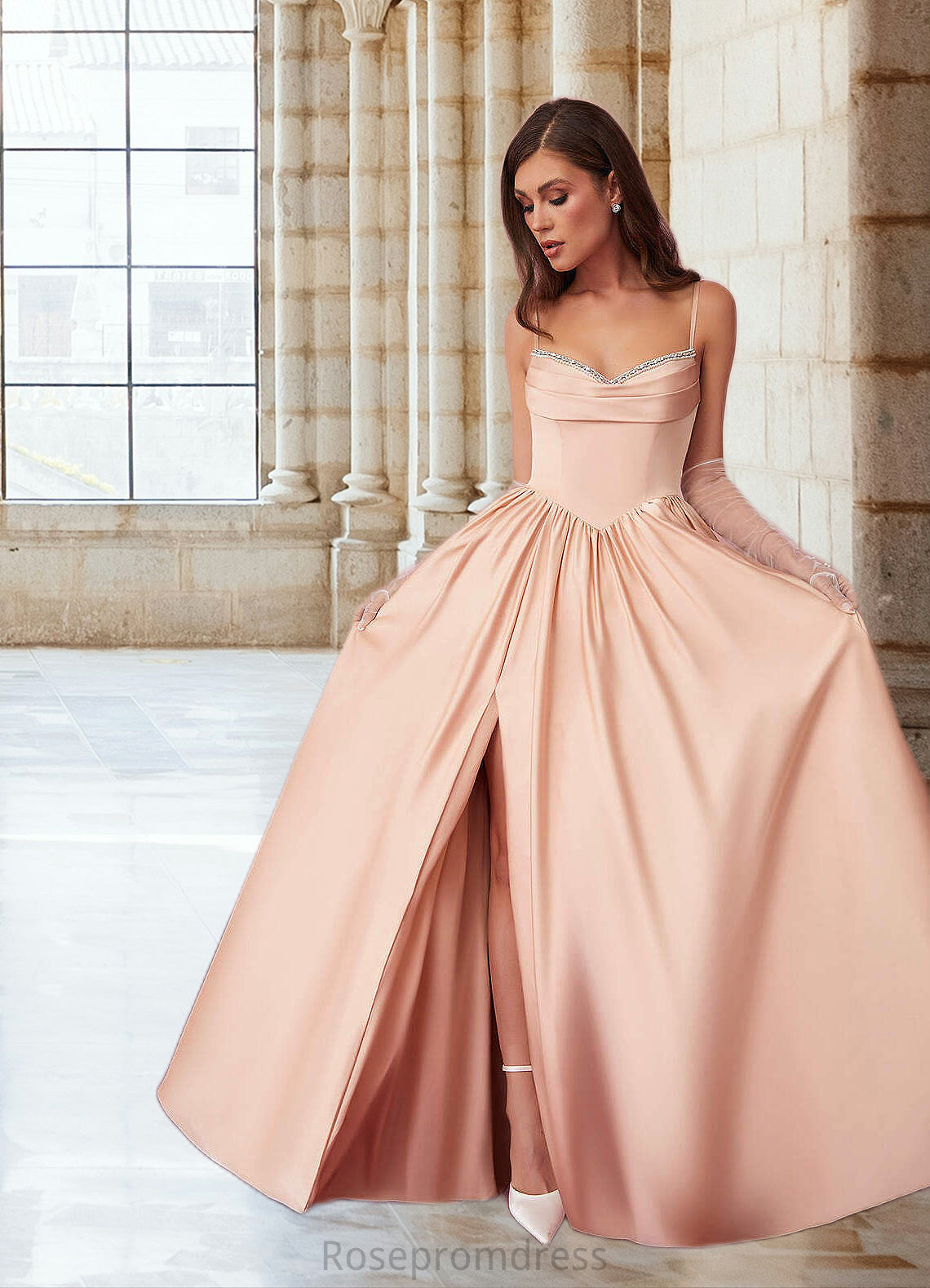 Reina Beaded Sweetheart Cowl Dropwaist Stretch Satin Ball Gown English Rose SRSP0022753