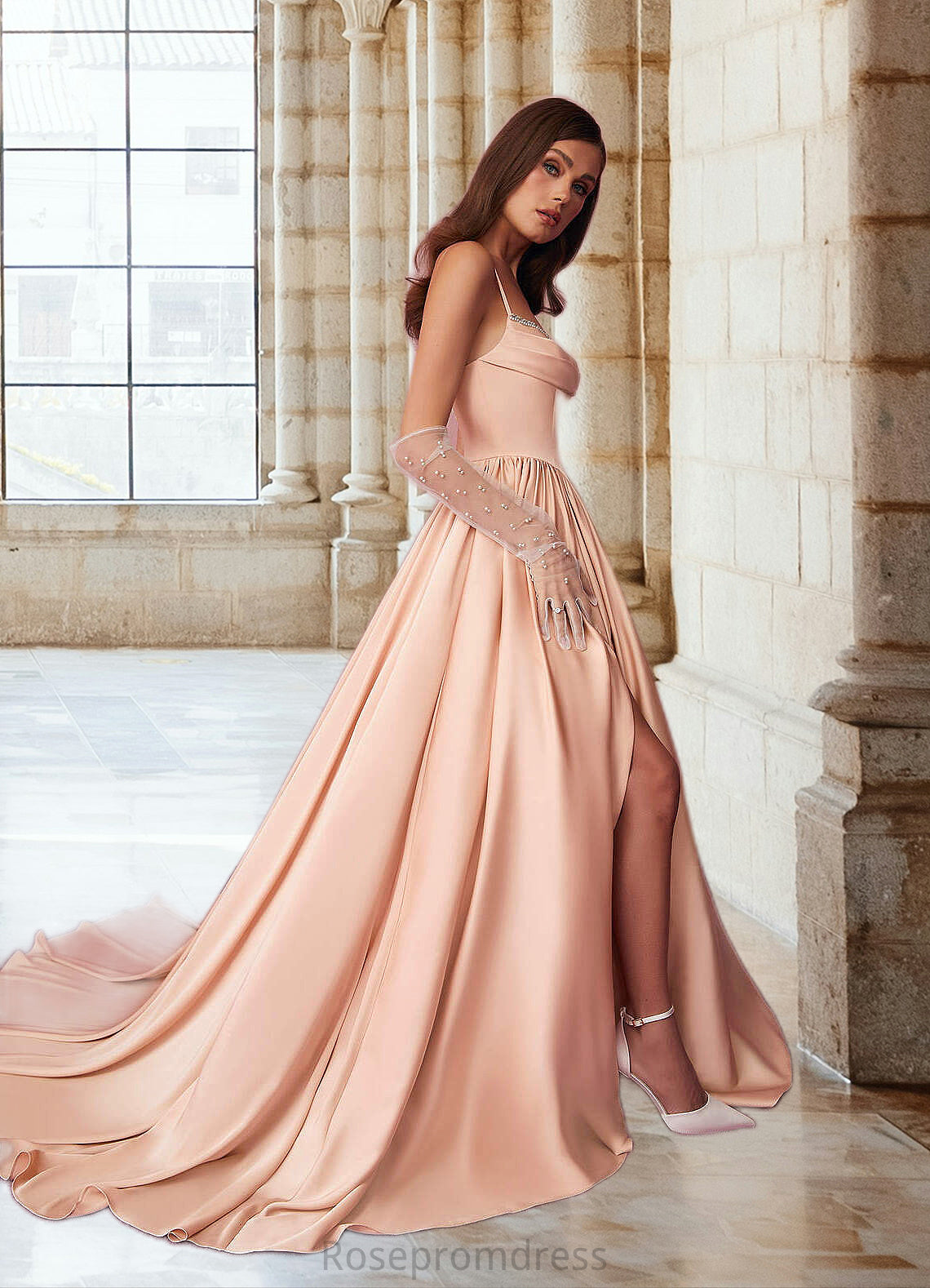 Reina Beaded Sweetheart Cowl Dropwaist Stretch Satin Ball Gown English Rose SRSP0022753