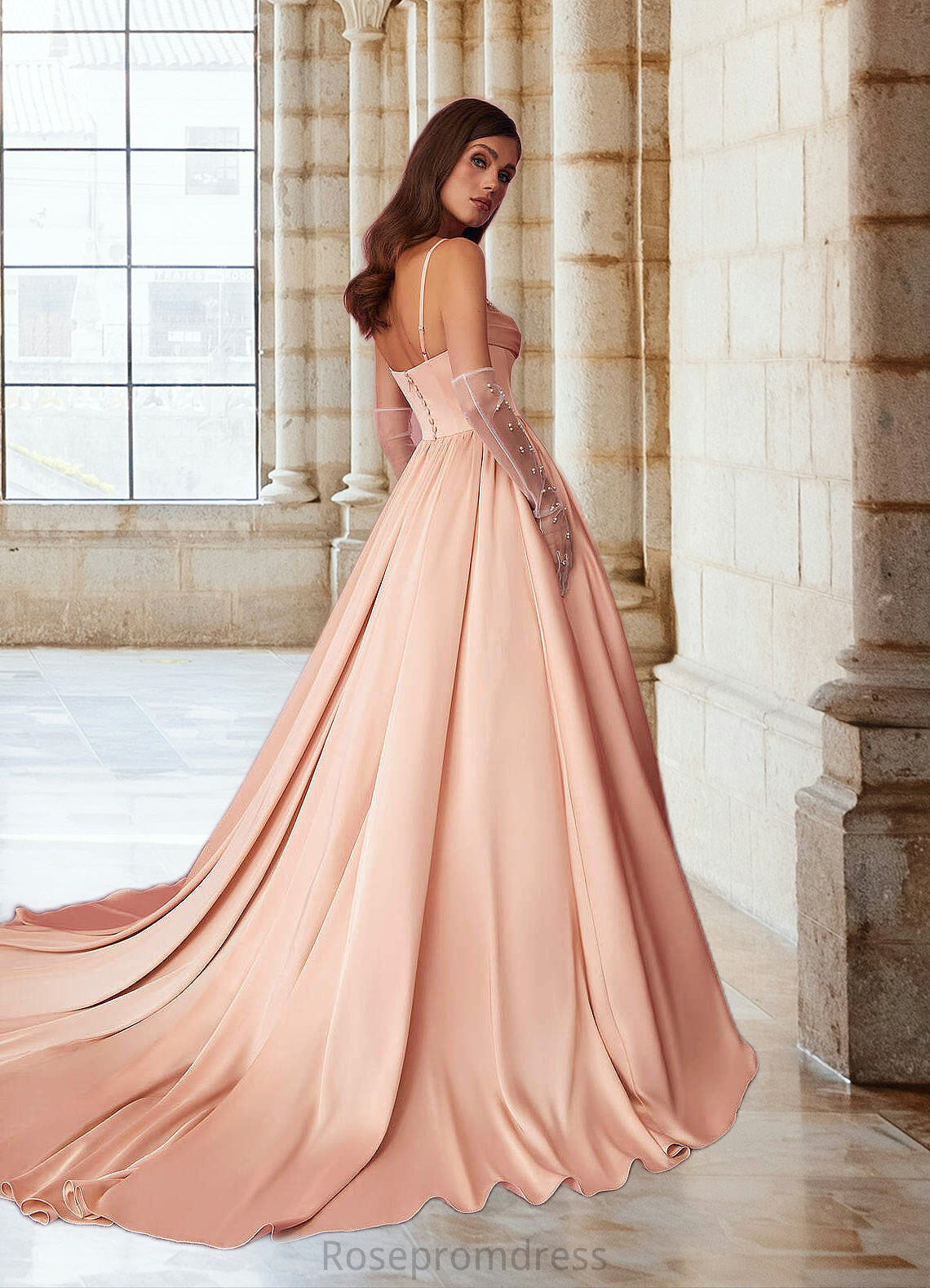 Reina Beaded Sweetheart Cowl Dropwaist Stretch Satin Ball Gown English Rose SRSP0022753