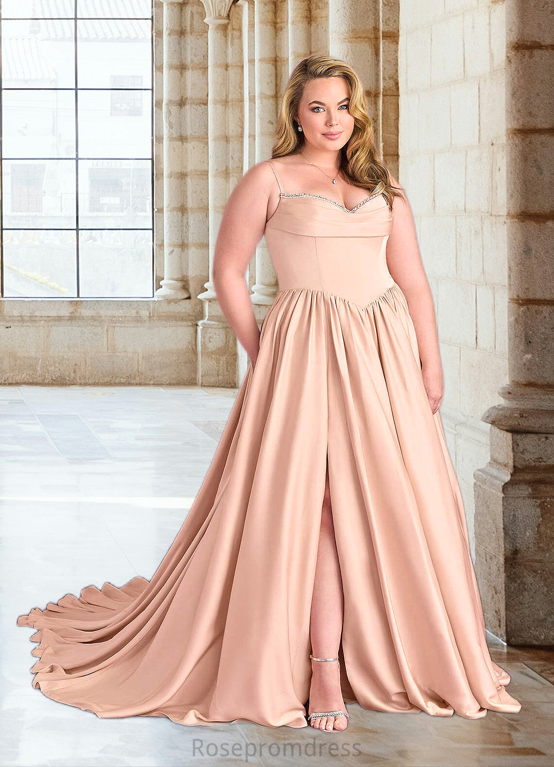 Reina Beaded Sweetheart Cowl Dropwaist Stretch Satin Ball Gown English Rose SRSP0022753