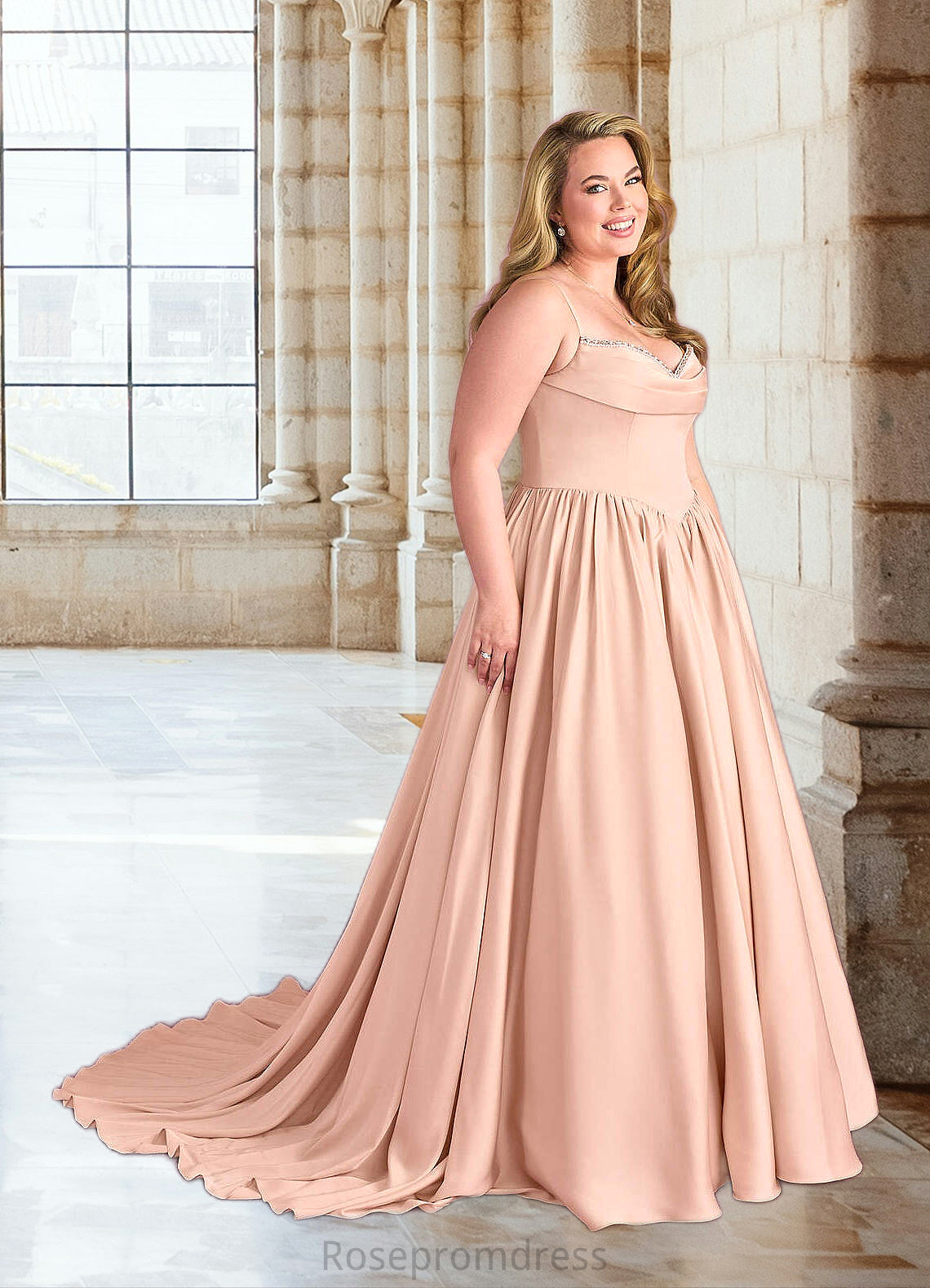 Reina Beaded Sweetheart Cowl Dropwaist Stretch Satin Ball Gown English Rose SRSP0022753