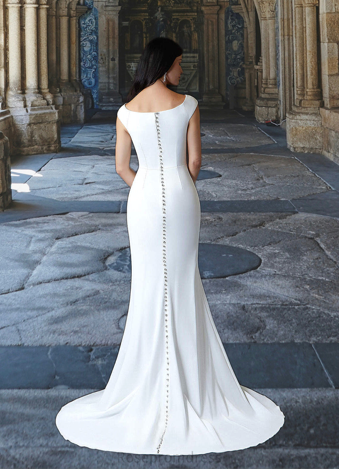Guadalupe Mermaid Boatneck Stretch Crepe Sweep Train Dress Diamond White SRSP0022772