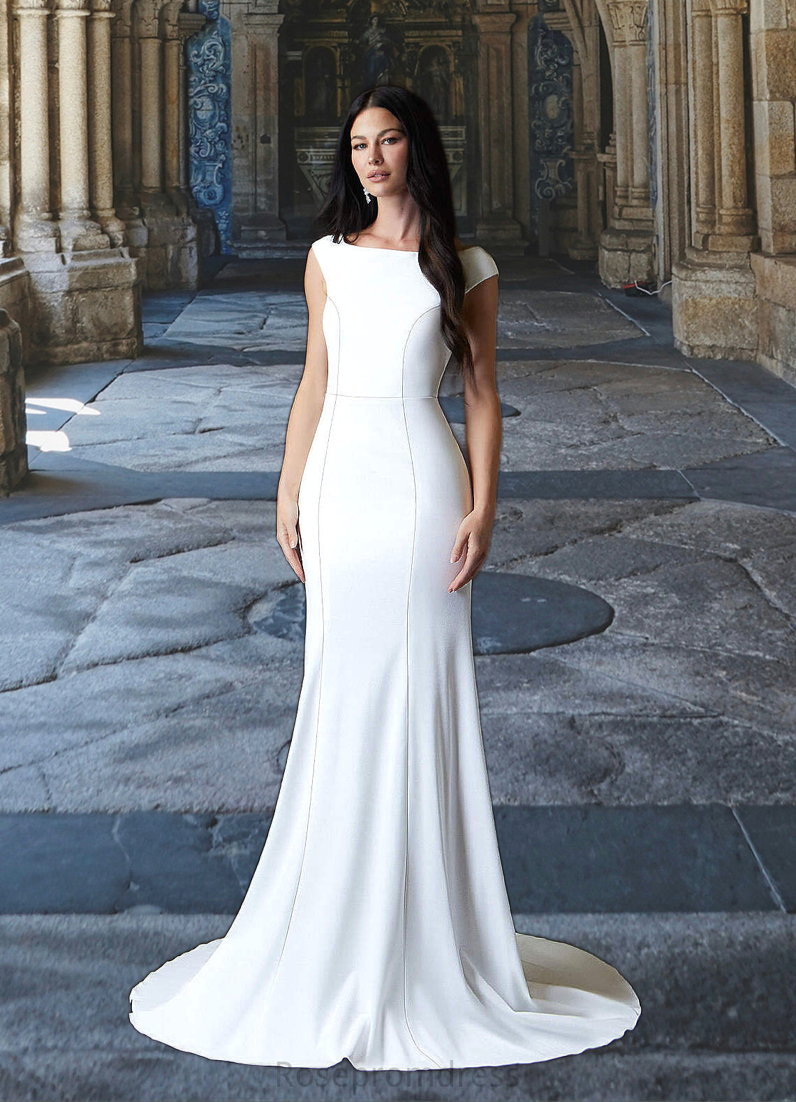 Guadalupe Mermaid Boatneck Stretch Crepe Sweep Train Dress Diamond White SRSP0022772