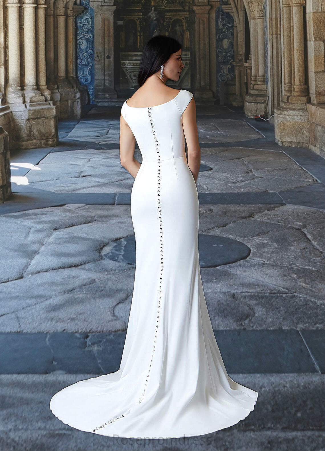 Guadalupe Mermaid Boatneck Stretch Crepe Sweep Train Dress Diamond White SRSP0022772