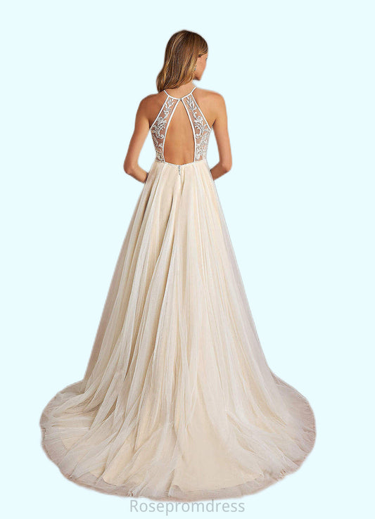 Myla A-Line Halter Sequins Tulle Chapel Train Dress Diamond White/Champagne SRSP0022773