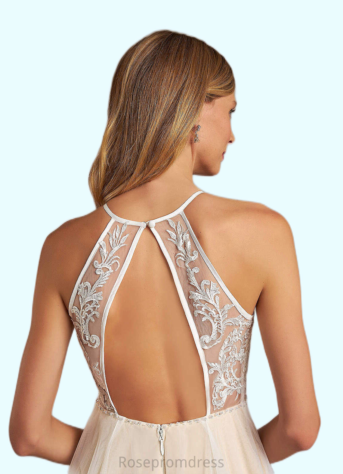 Myla A-Line Halter Sequins Tulle Chapel Train Dress Diamond White/Champagne SRSP0022773