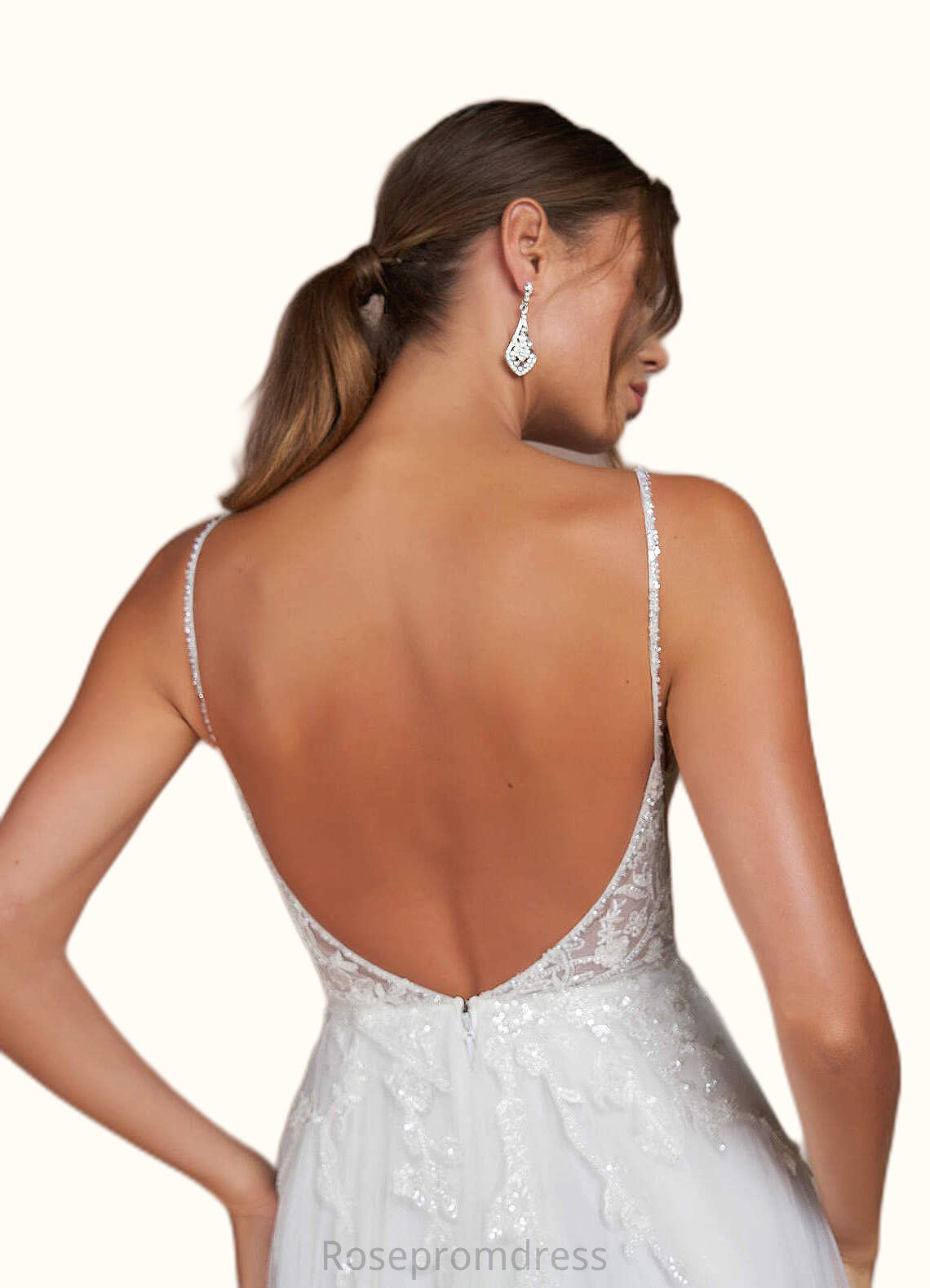 Nancy A-Line V-Neck Sequins Tulle Chapel Train Dress Diamond White/Champagne SRSP0022776