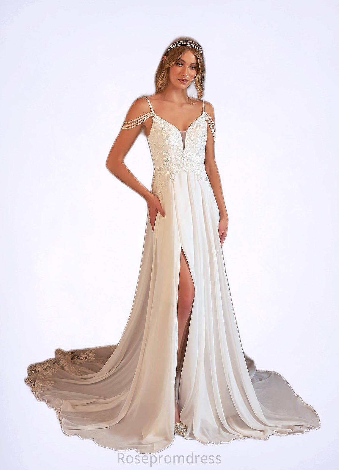 Melany A-Line Sequins Chiffon Cathedral Train Dress Diamond White SRSP0022782