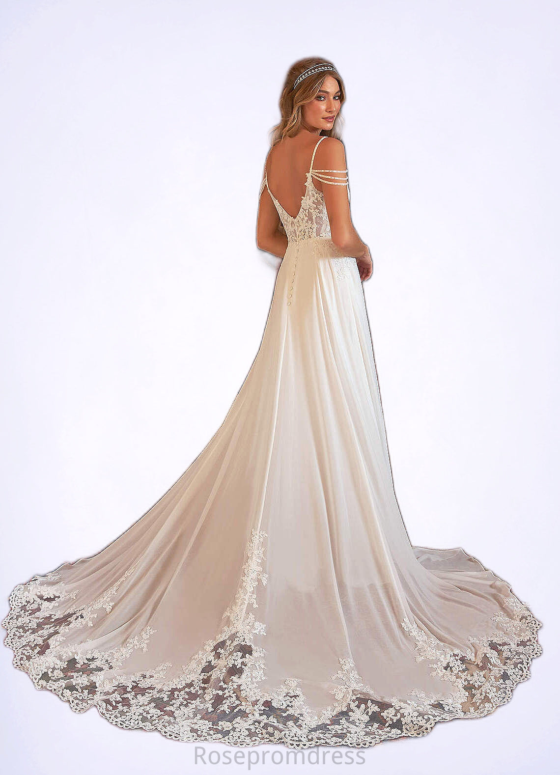 Melany A-Line Sequins Chiffon Cathedral Train Dress Diamond White SRSP0022782
