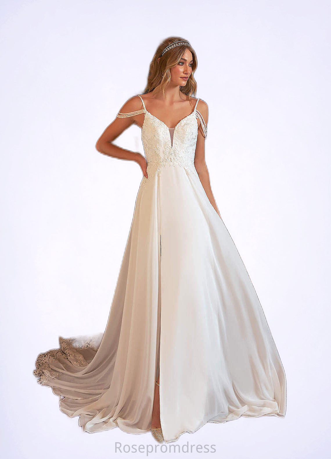 Melany A-Line Sequins Chiffon Cathedral Train Dress Diamond White SRSP0022782