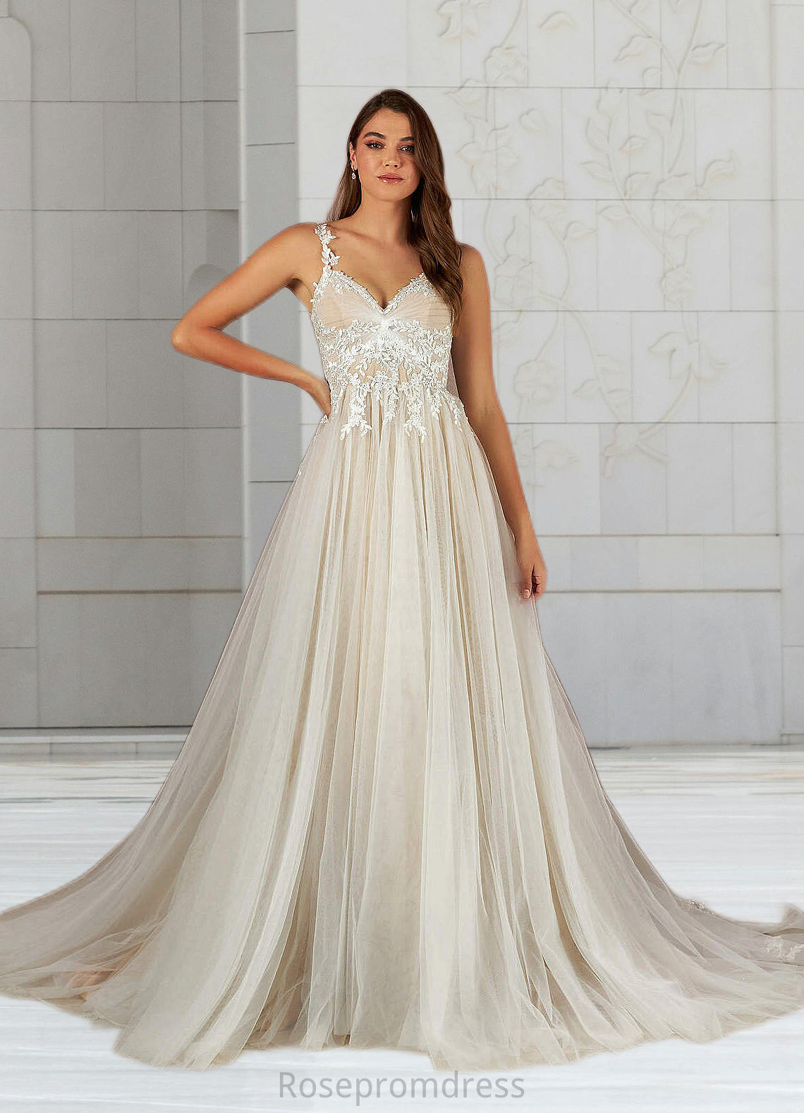 Leyla A-Line Lace Tulle Cathedral Train Dress Diamond White/Nude SRSP0022784