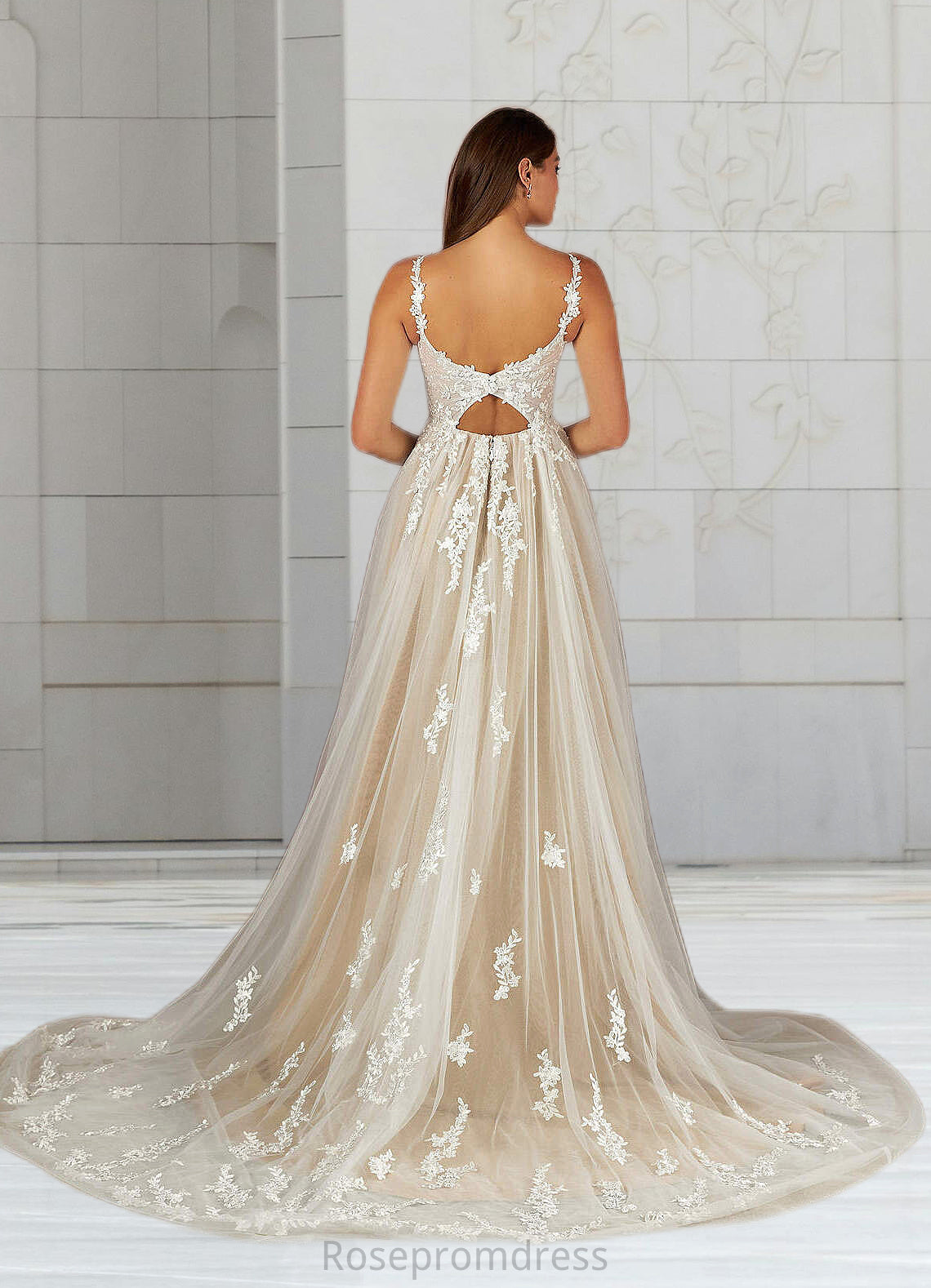 Leyla A-Line Lace Tulle Cathedral Train Dress Diamond White/Nude SRSP0022784