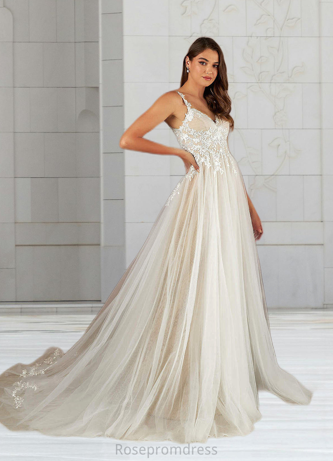 Leyla A-Line Lace Tulle Cathedral Train Dress Diamond White/Nude SRSP0022784
