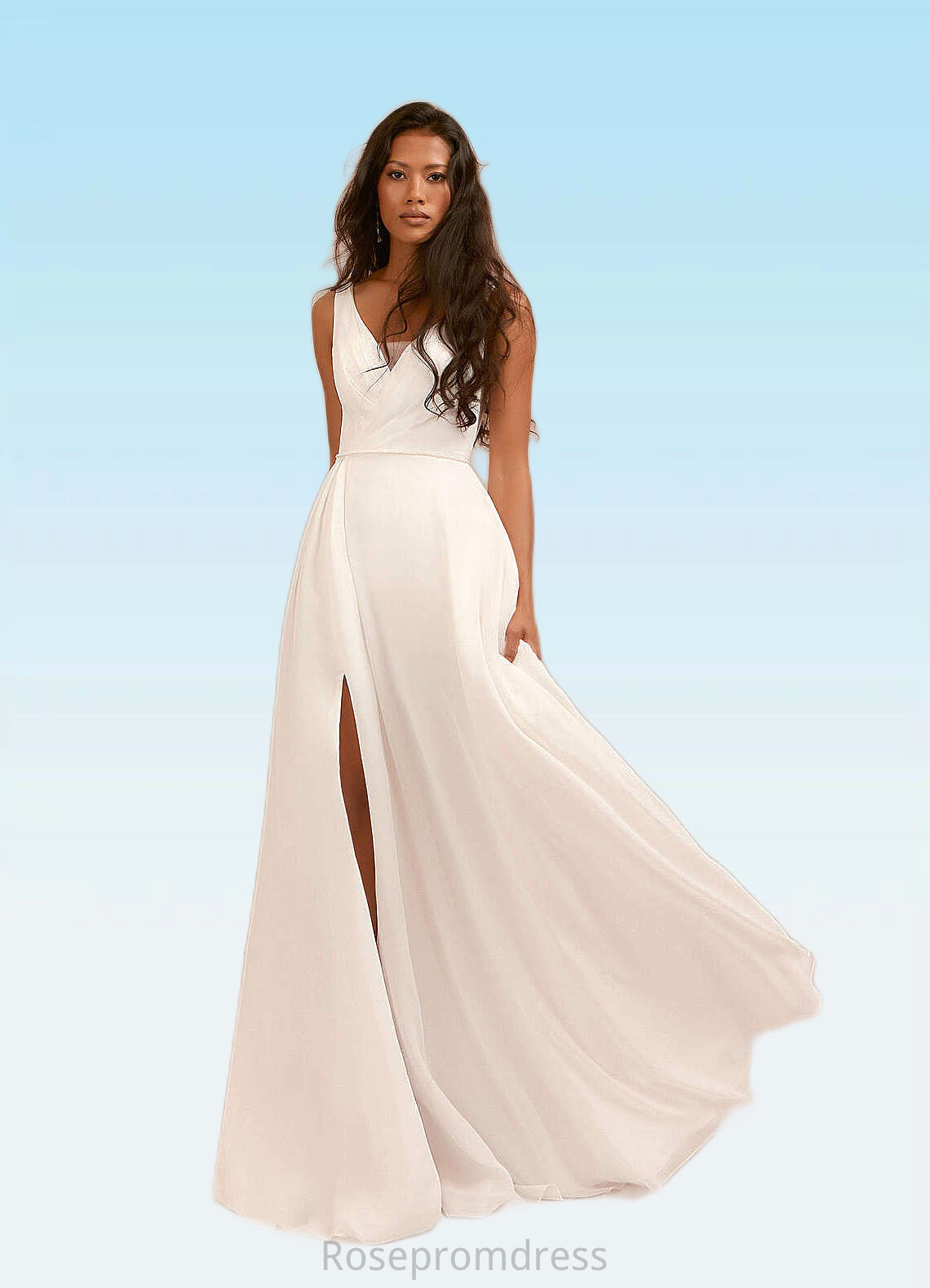 Cecilia A-Line Pleated Chiffon Chapel Train Dress Diamond White SRSP0022786