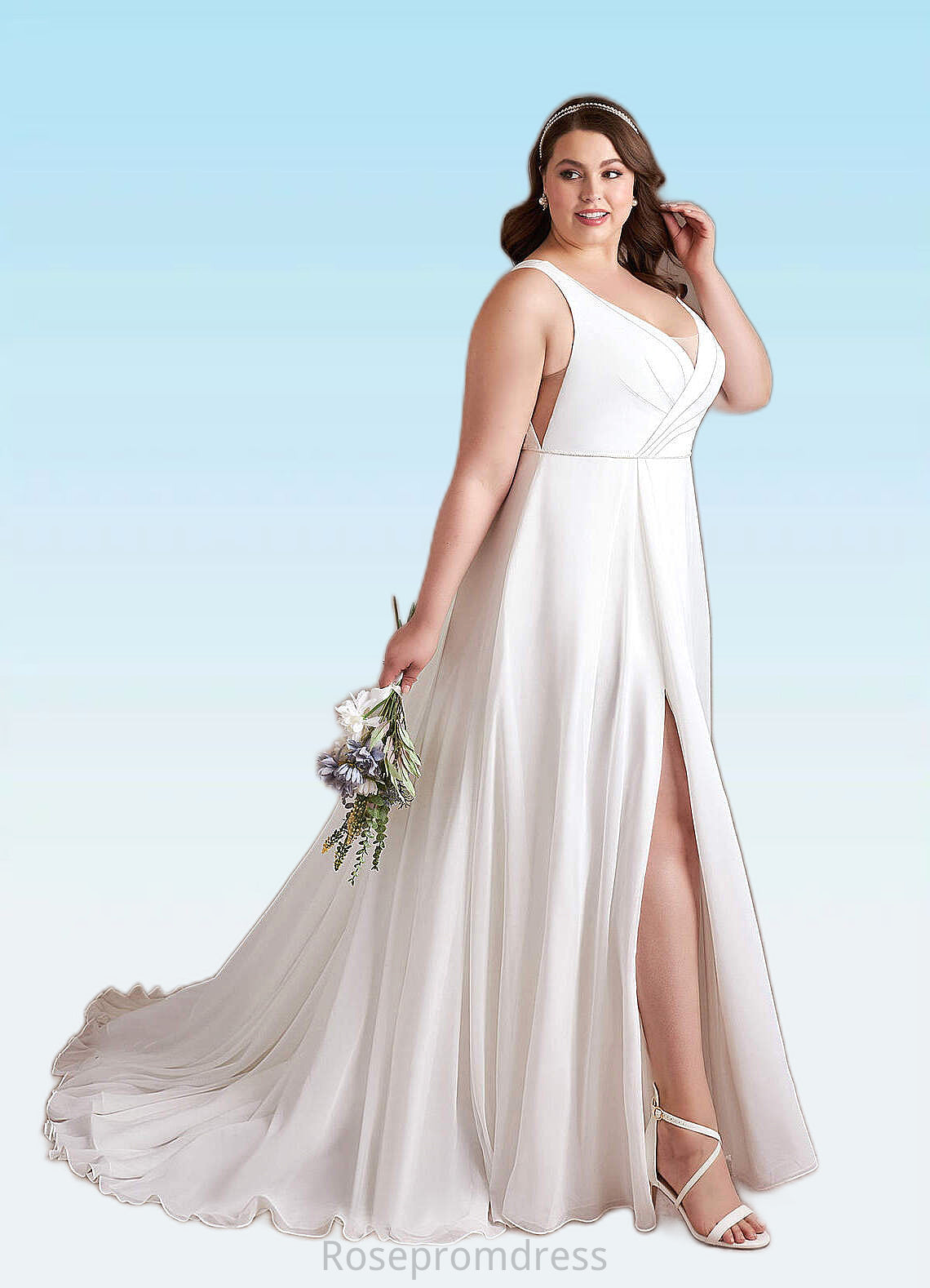 Cecilia A-Line Pleated Chiffon Chapel Train Dress Diamond White SRSP0022786