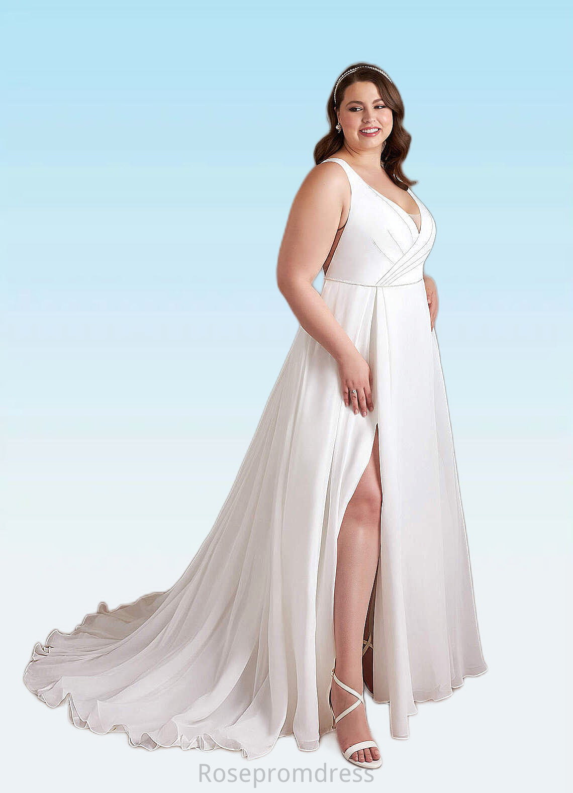 Cecilia A-Line Pleated Chiffon Chapel Train Dress Diamond White SRSP0022786