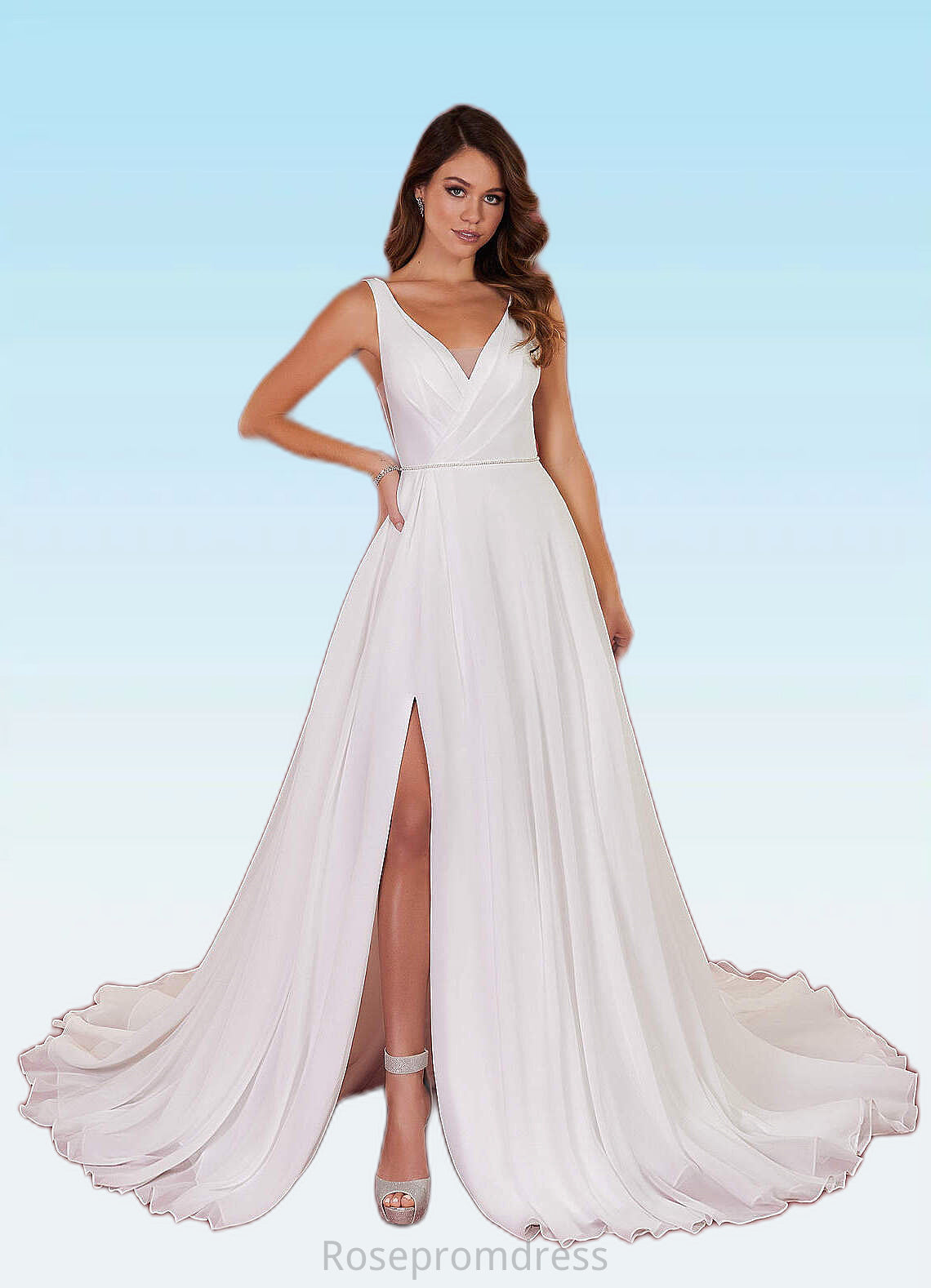 Cecilia A-Line Pleated Chiffon Chapel Train Dress Diamond White SRSP0022786