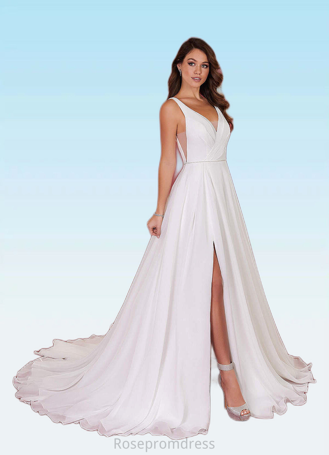 Cecilia A-Line Pleated Chiffon Chapel Train Dress Diamond White SRSP0022786
