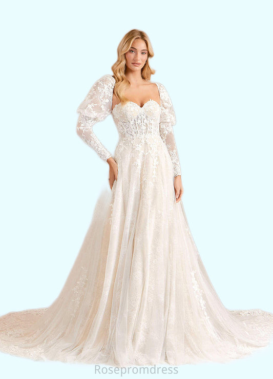 Sanaa A-Line Lace Tulle Cathedral Train Dress Diamond White/Champagne SRSP0022789