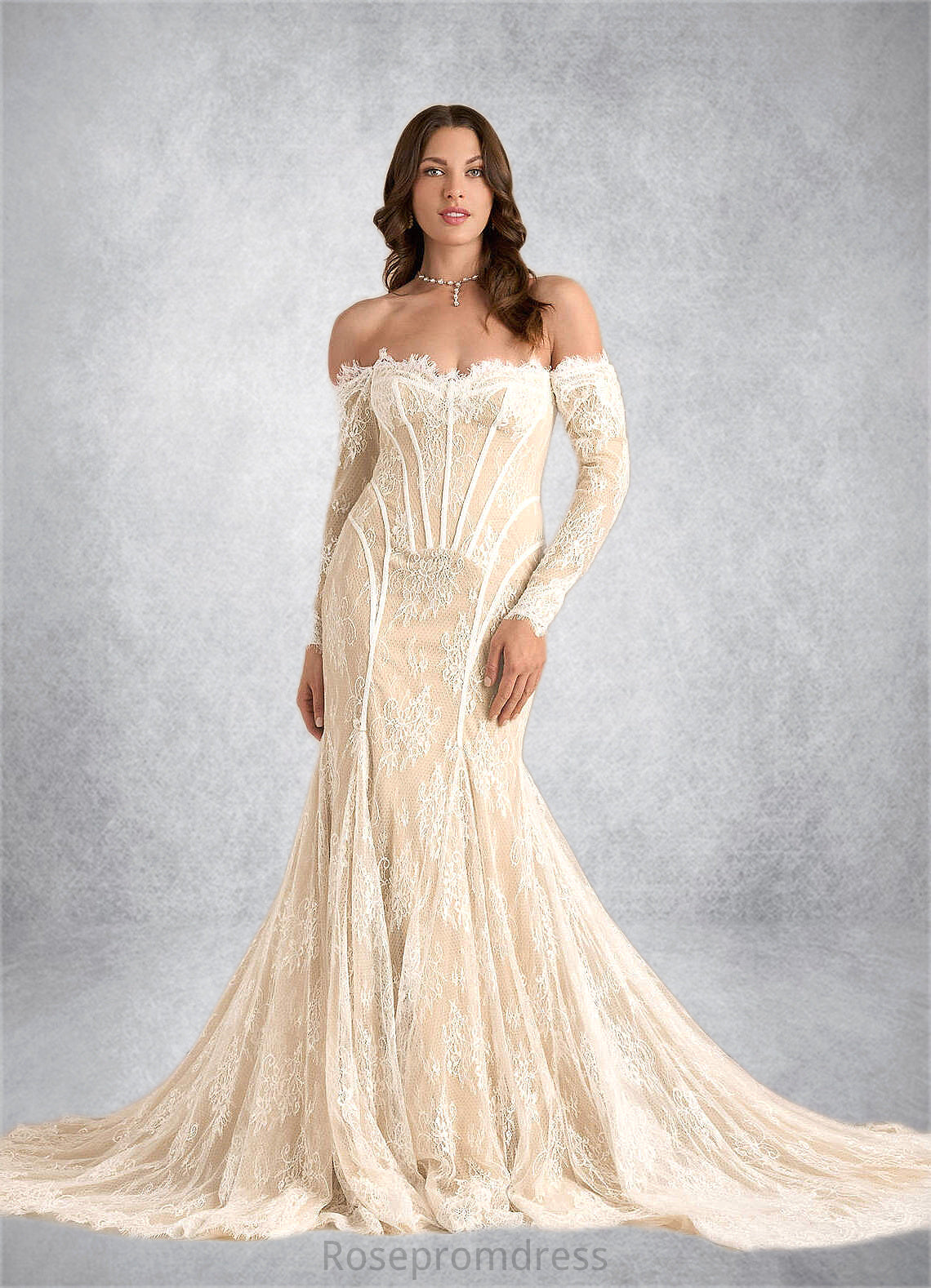 Chana Mermaid Off the Shoulder Tulle Chapel Train Dress Diamond White/Champagne SRSP0022793