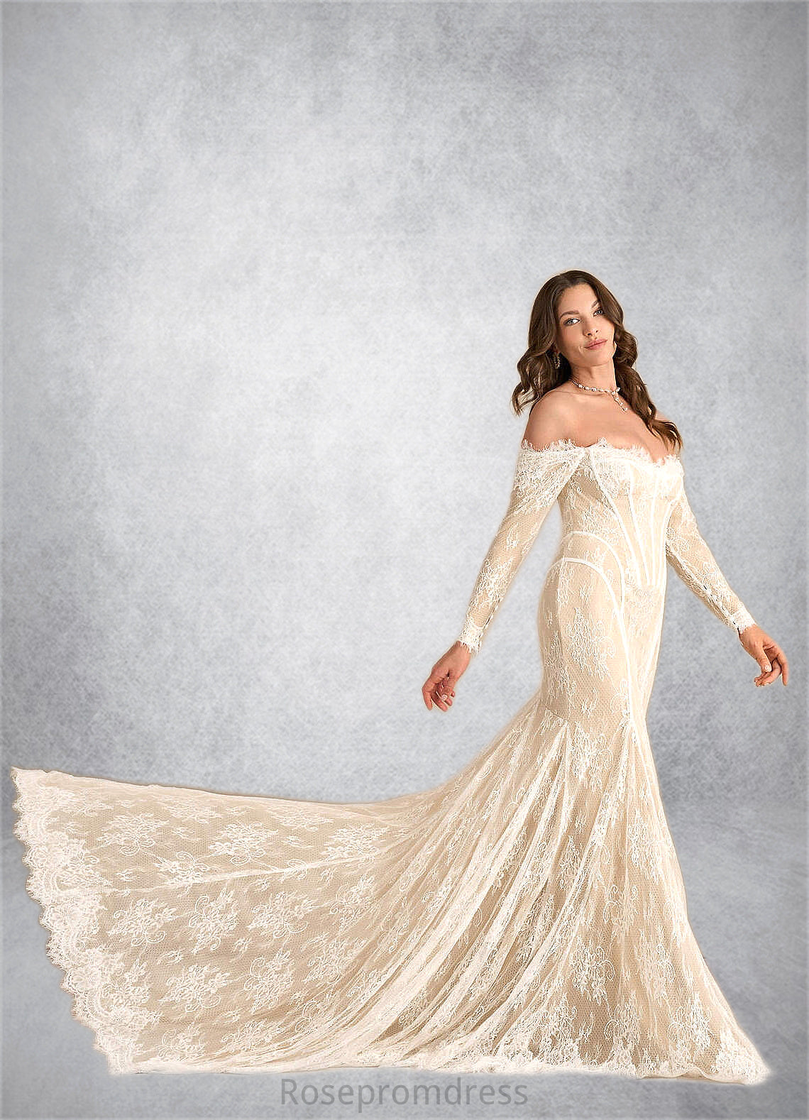 Chana Mermaid Off the Shoulder Tulle Chapel Train Dress Diamond White/Champagne SRSP0022793