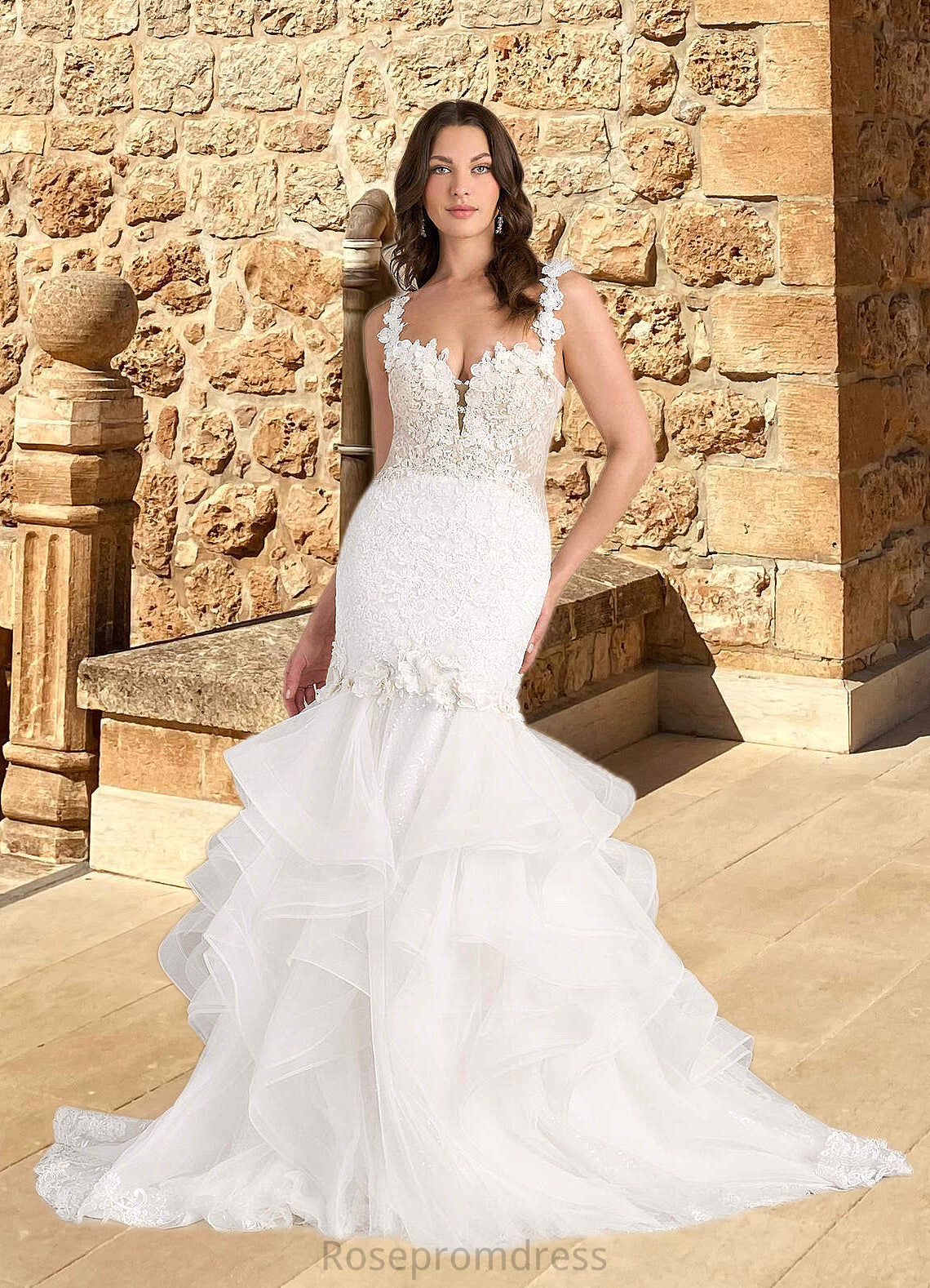 Olga Mermaid Lace Tulle Chapel Train Dress Diamond White/Nude SRSP0022801