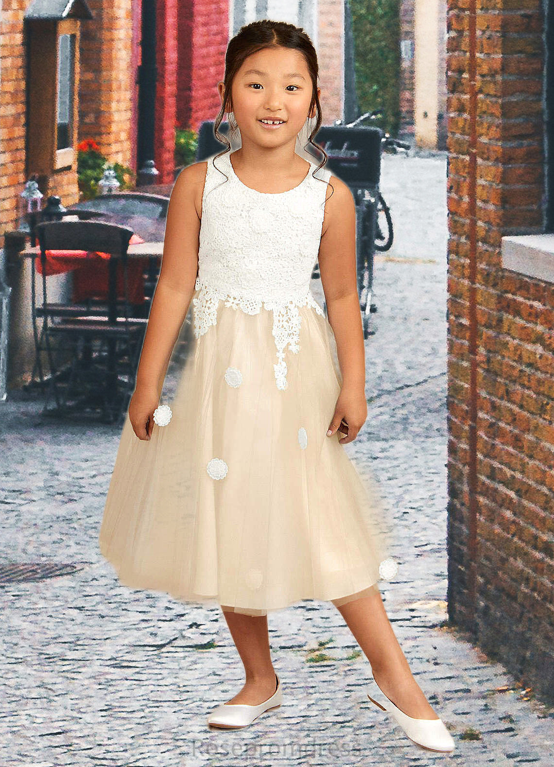 Aliza A-Line Lace Tulle Tea-Length Dress Ivory/Champagne SRSP0022812