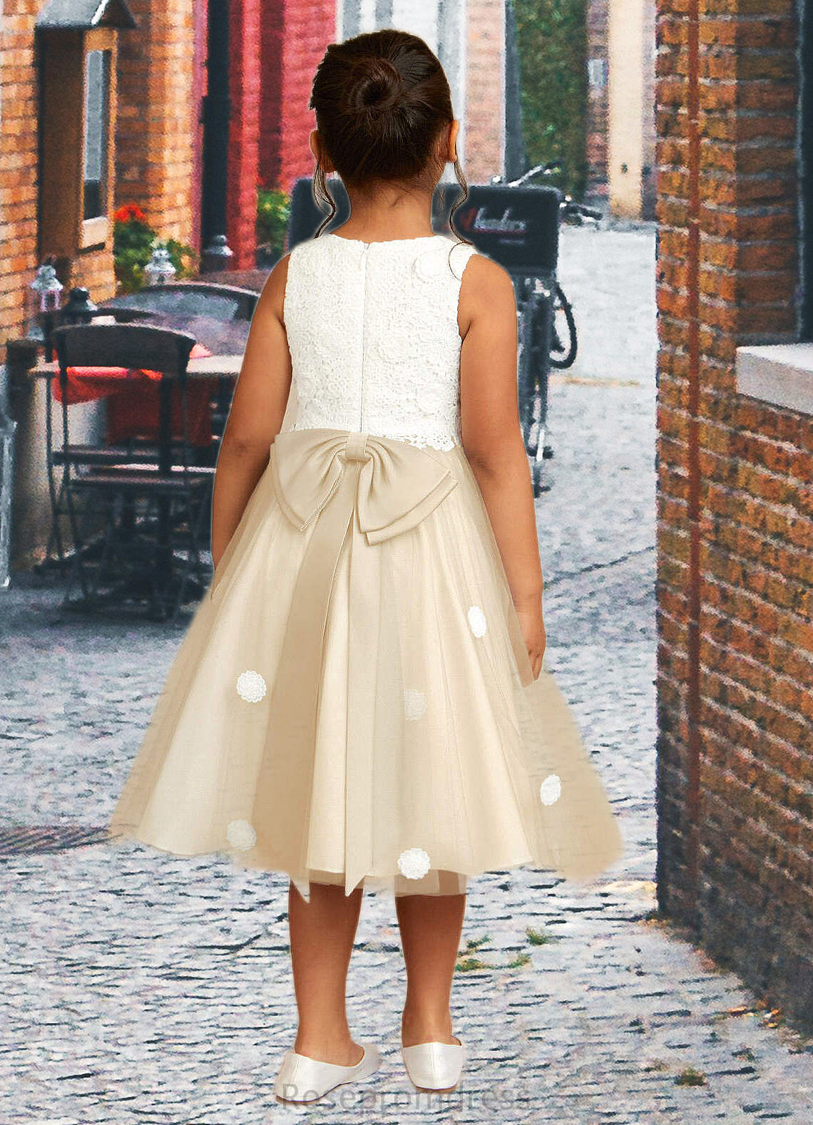 Aliza A-Line Lace Tulle Tea-Length Dress Ivory/Champagne SRSP0022812
