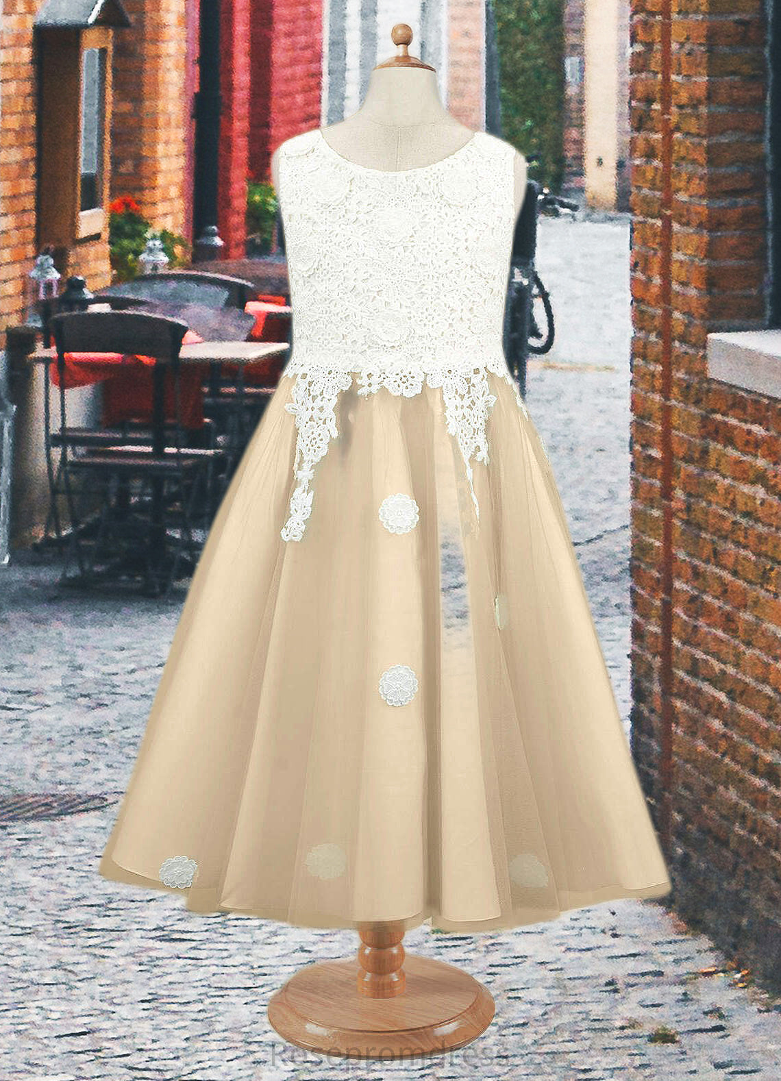 Aliza A-Line Lace Tulle Tea-Length Dress Ivory/Champagne SRSP0022812