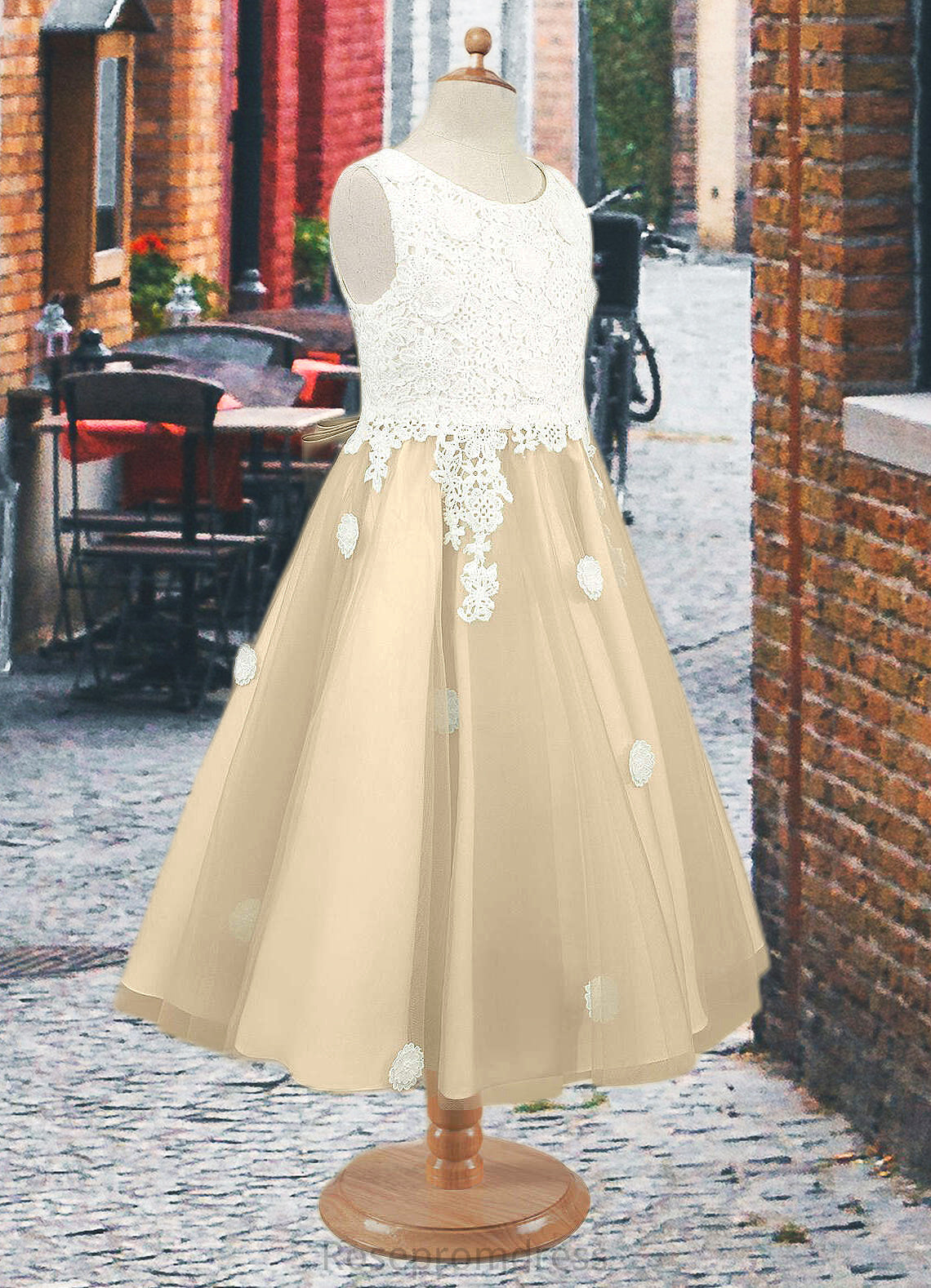 Aliza A-Line Lace Tulle Tea-Length Dress Ivory/Champagne SRSP0022812