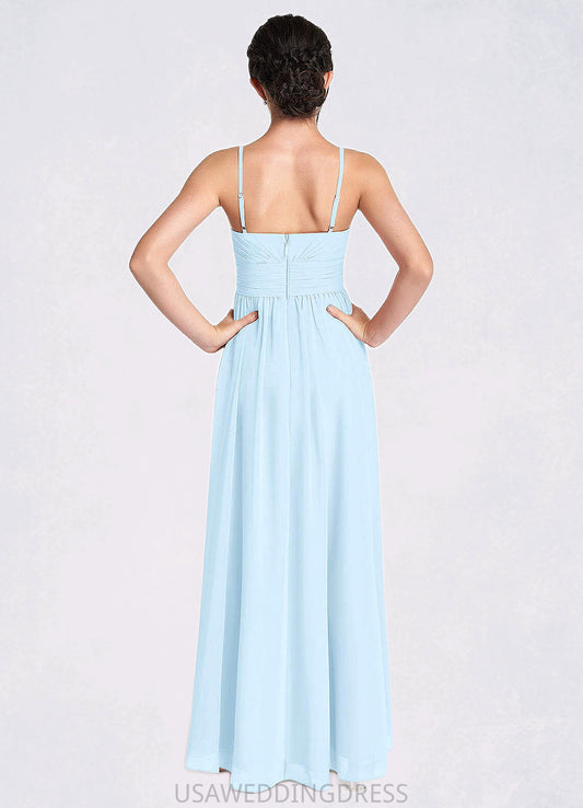 Kenley A-Line Ruched Chiffon Asymmetrical Junior Bridesmaid Dress Sky Blue DSP0022848