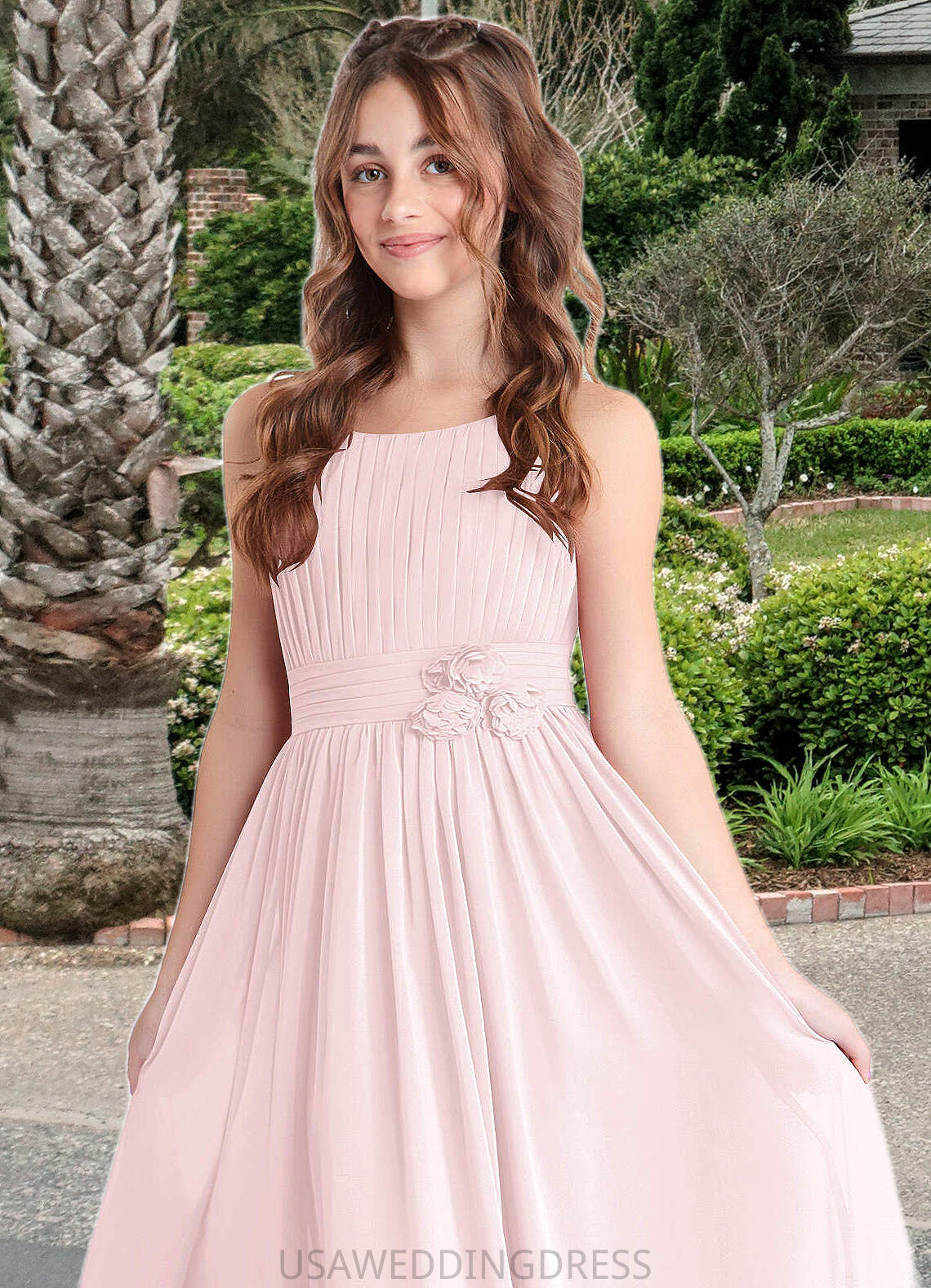 Amelia A-Line Floral Chiffon Floor-Length Junior Bridesmaid Dress Blushing Pink DSP0022851