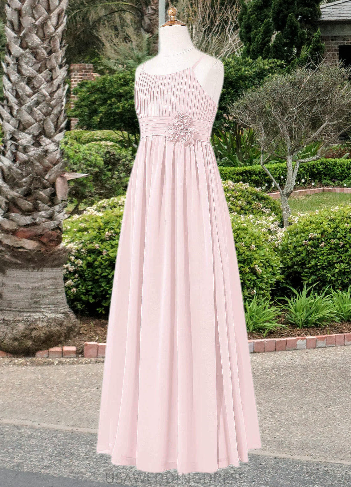 Amelia A-Line Floral Chiffon Floor-Length Junior Bridesmaid Dress Blushing Pink DSP0022851