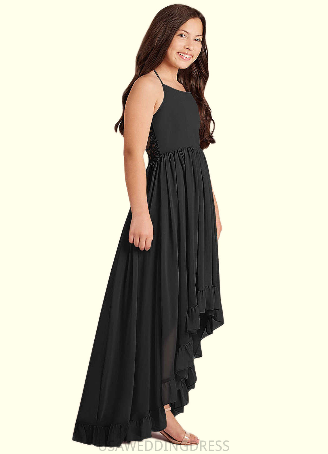 Cassandra A-Line Lace Chiffon Asymmetrical Junior Bridesmaid Dress black DSP0022855