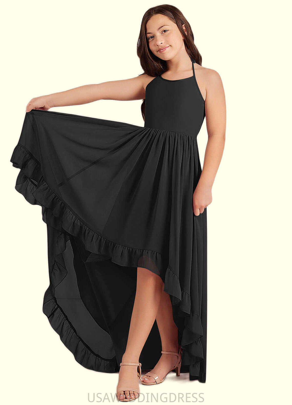 Cassandra A-Line Lace Chiffon Asymmetrical Junior Bridesmaid Dress black DSP0022855