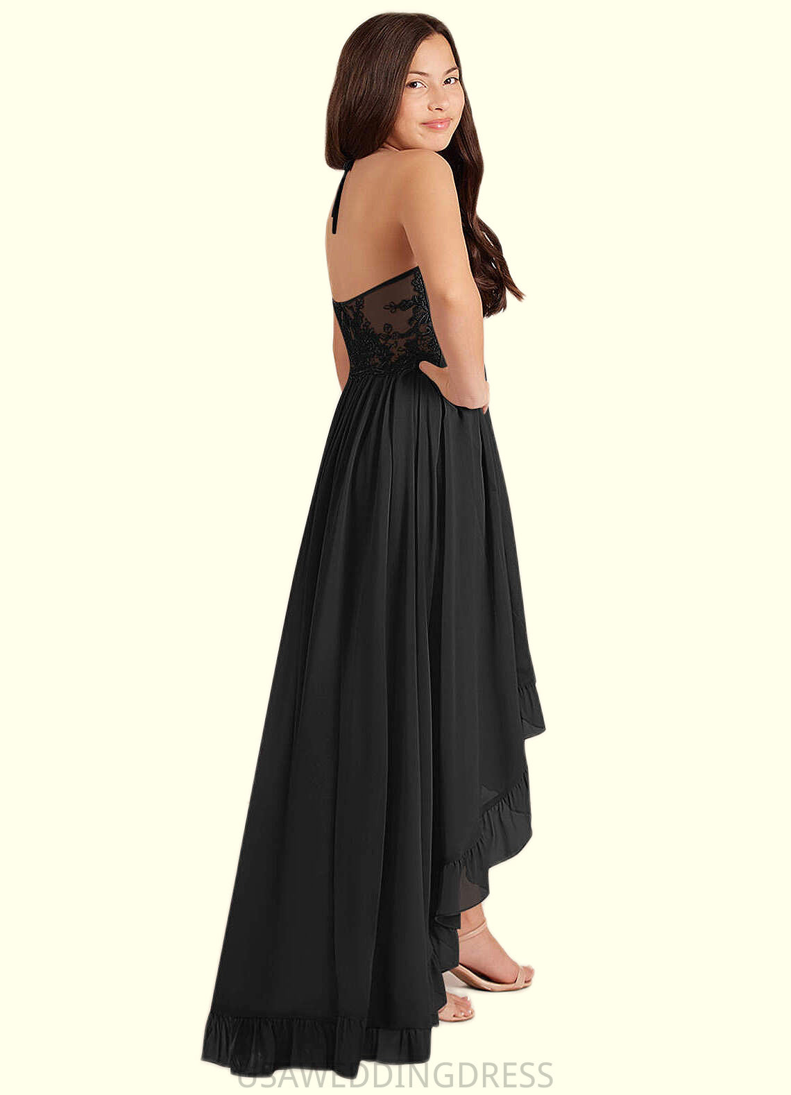 Cassandra A-Line Lace Chiffon Asymmetrical Junior Bridesmaid Dress black DSP0022855