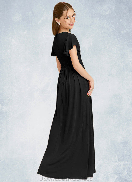 Abigayle A-Line Ruched Mesh Floor-Length Junior Bridesmaid Dress black DSP0022857