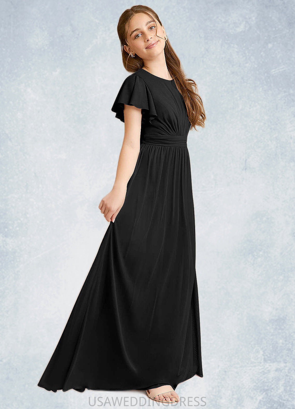 Abigayle A-Line Ruched Mesh Floor-Length Junior Bridesmaid Dress black DSP0022857