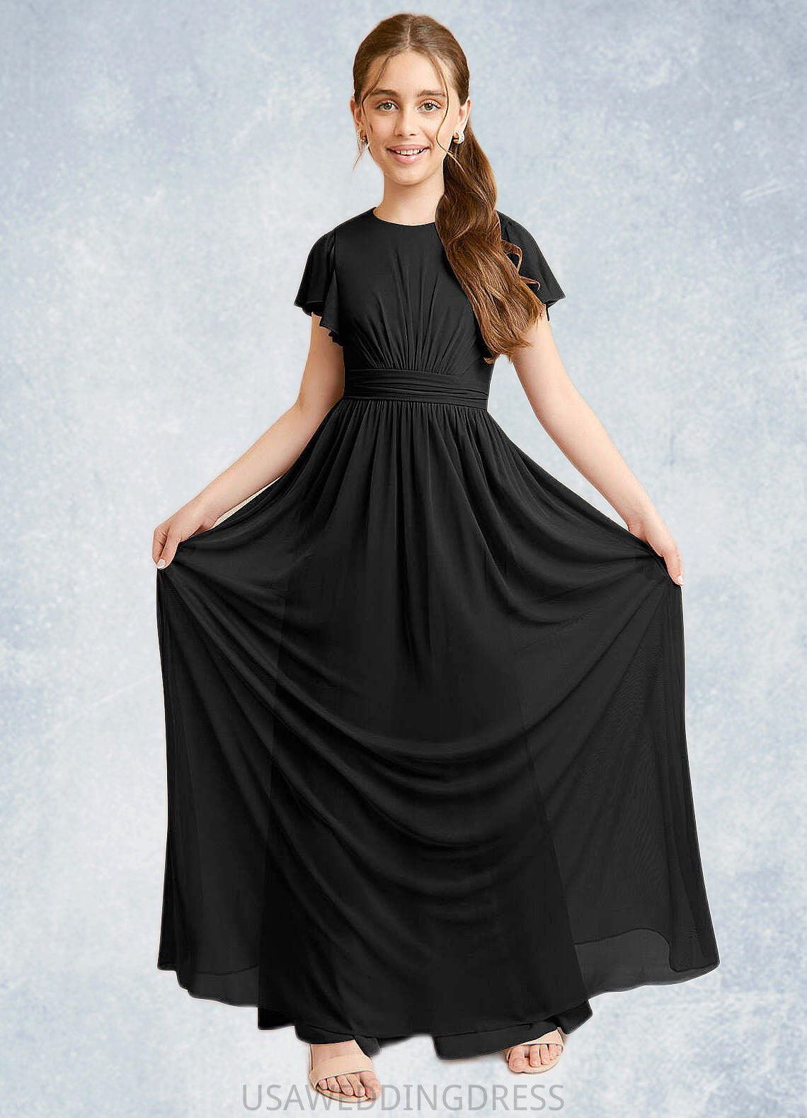Abigayle A-Line Ruched Mesh Floor-Length Junior Bridesmaid Dress black DSP0022857