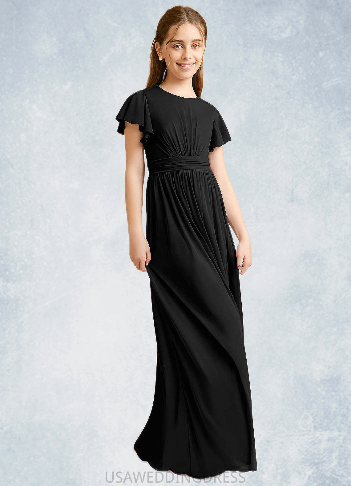 Abigayle A-Line Ruched Mesh Floor-Length Junior Bridesmaid Dress black DSP0022857