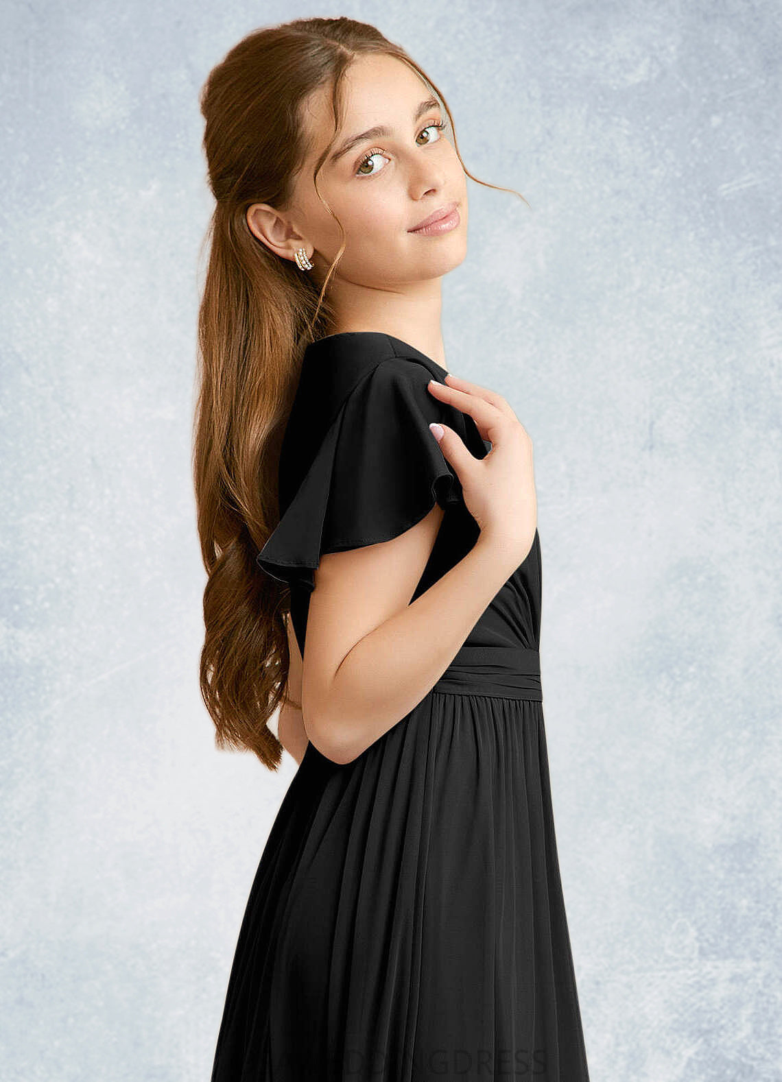 Abigayle A-Line Ruched Mesh Floor-Length Junior Bridesmaid Dress black DSP0022857