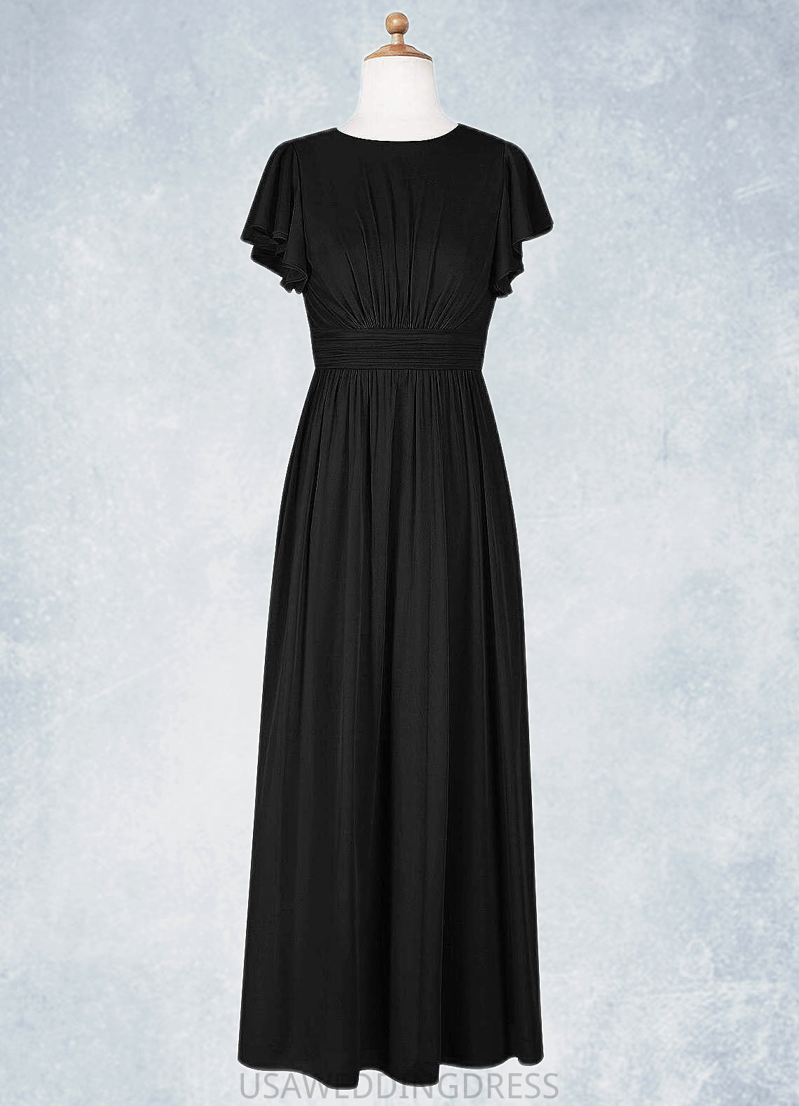Abigayle A-Line Ruched Mesh Floor-Length Junior Bridesmaid Dress black DSP0022857