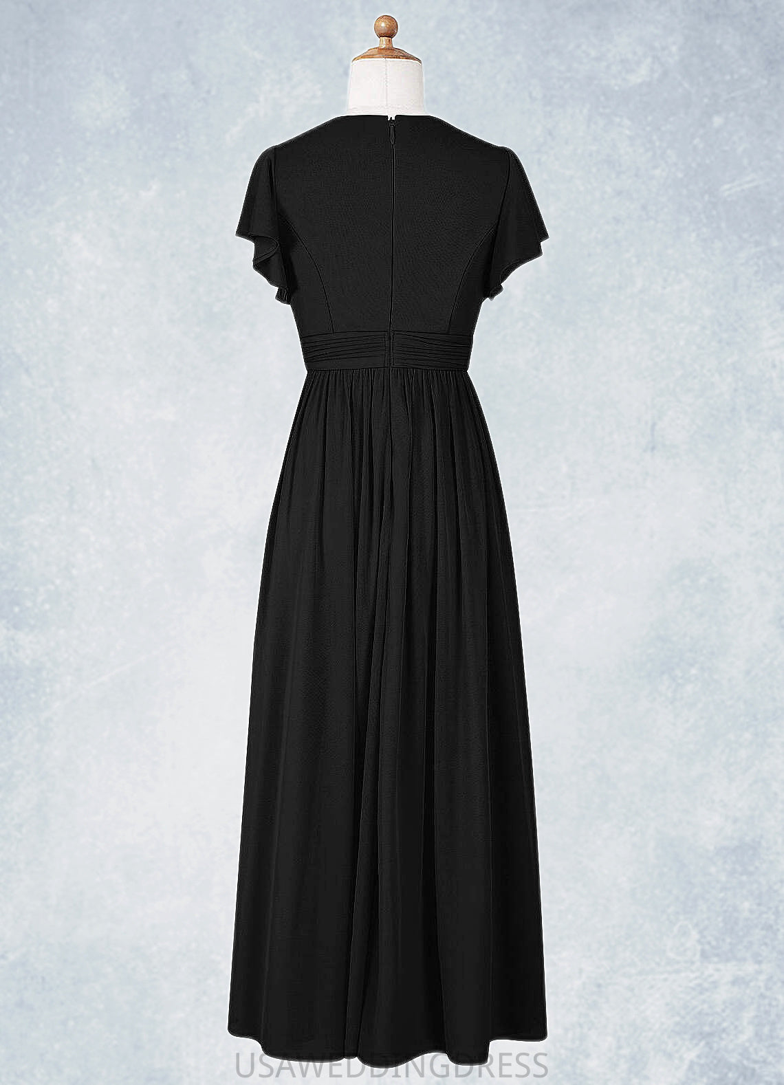 Abigayle A-Line Ruched Mesh Floor-Length Junior Bridesmaid Dress black DSP0022857