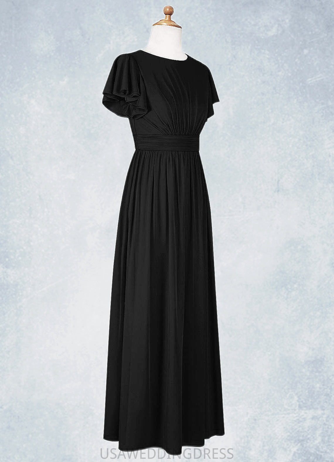 Abigayle A-Line Ruched Mesh Floor-Length Junior Bridesmaid Dress black DSP0022857