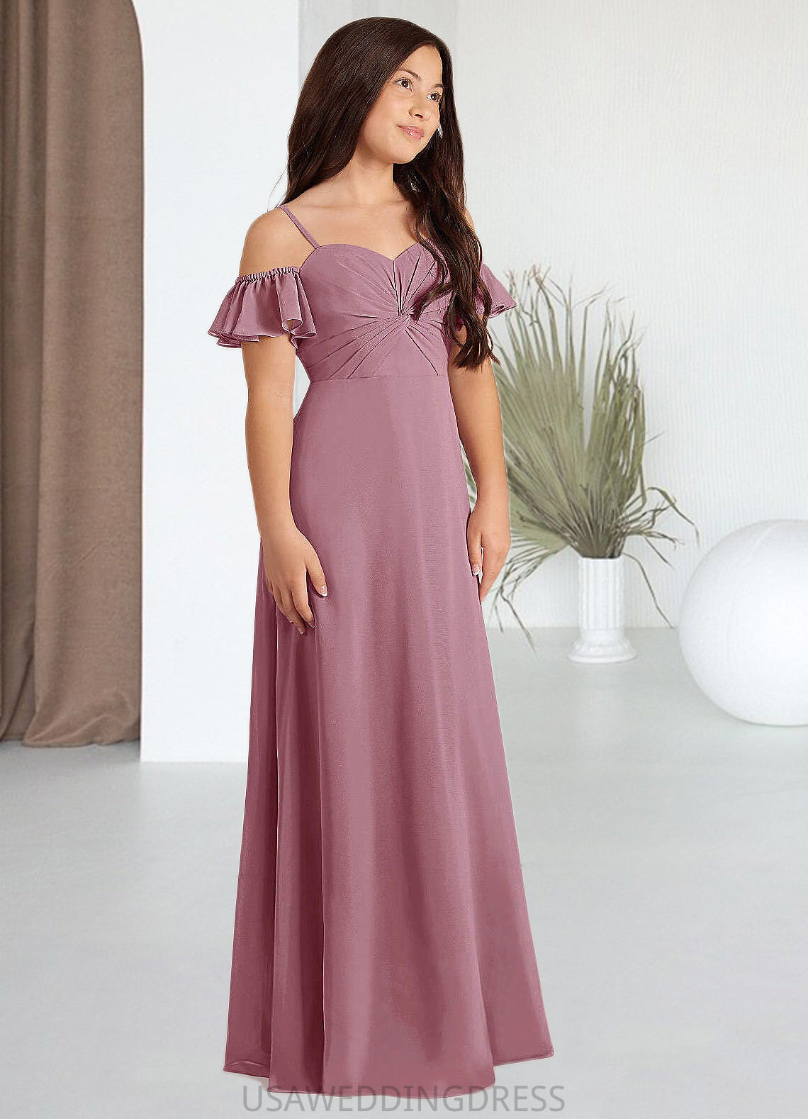 Kara A-Line Off the Shoulder Chiffon Floor-Length Junior Bridesmaid Dress Vintage Mauve DSP0022859