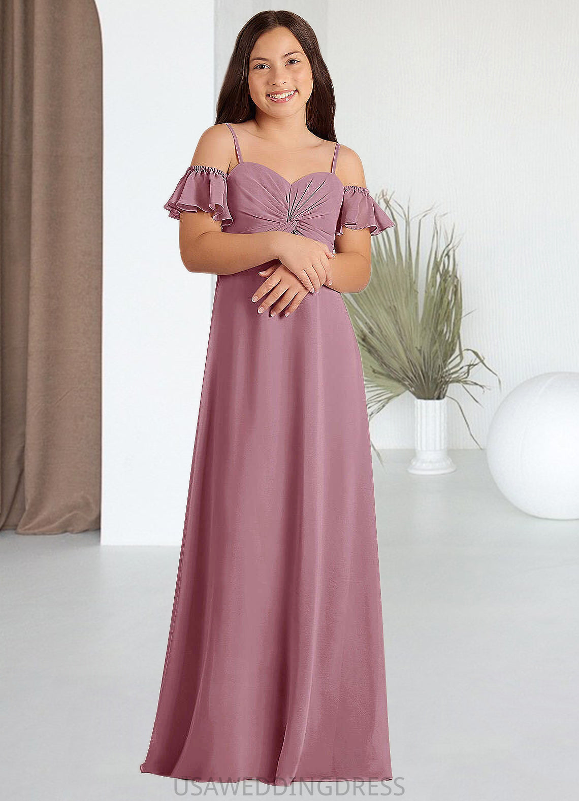 Kara A-Line Off the Shoulder Chiffon Floor-Length Junior Bridesmaid Dress Vintage Mauve DSP0022859
