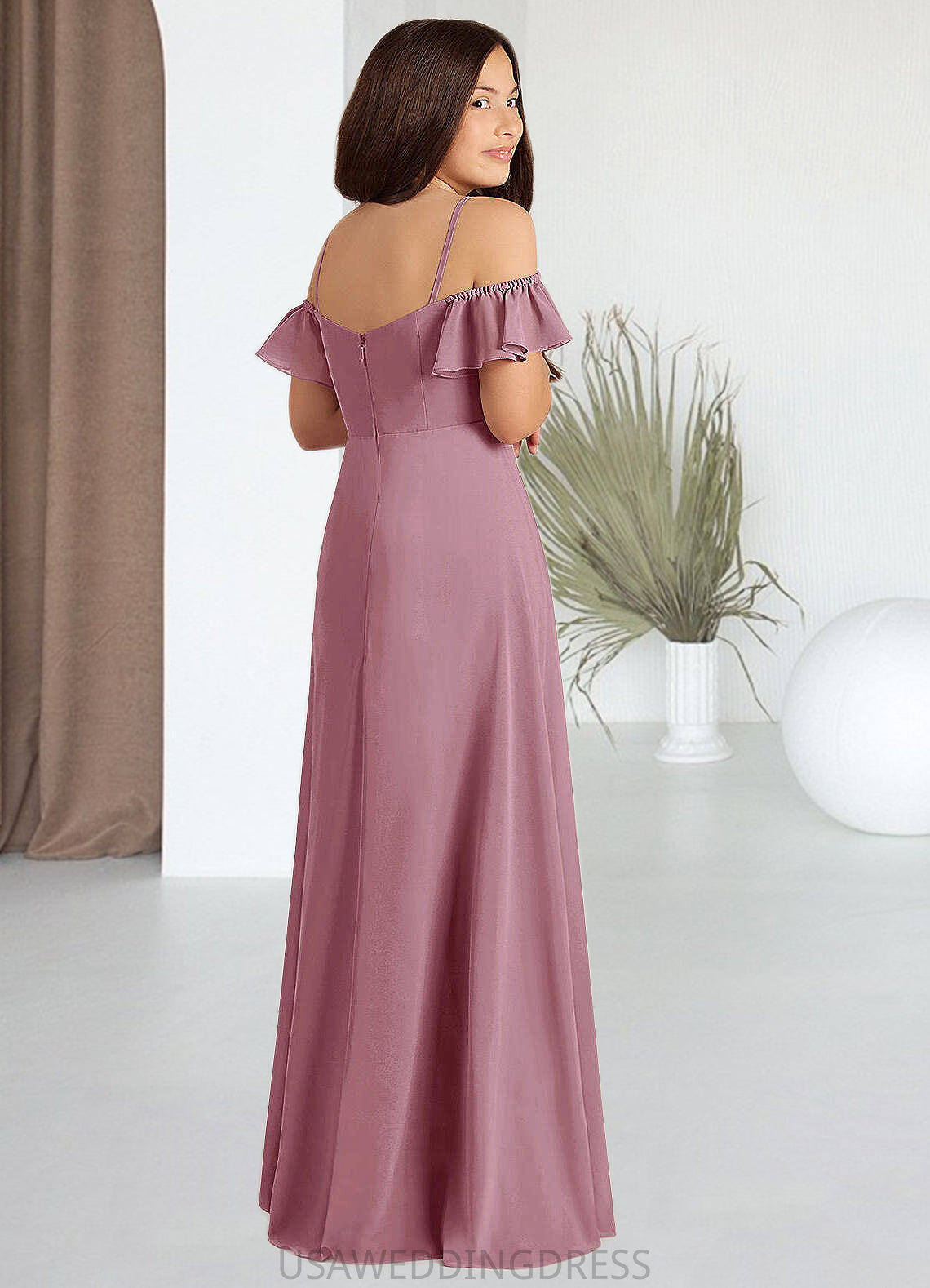 Kara A-Line Off the Shoulder Chiffon Floor-Length Junior Bridesmaid Dress Vintage Mauve DSP0022859