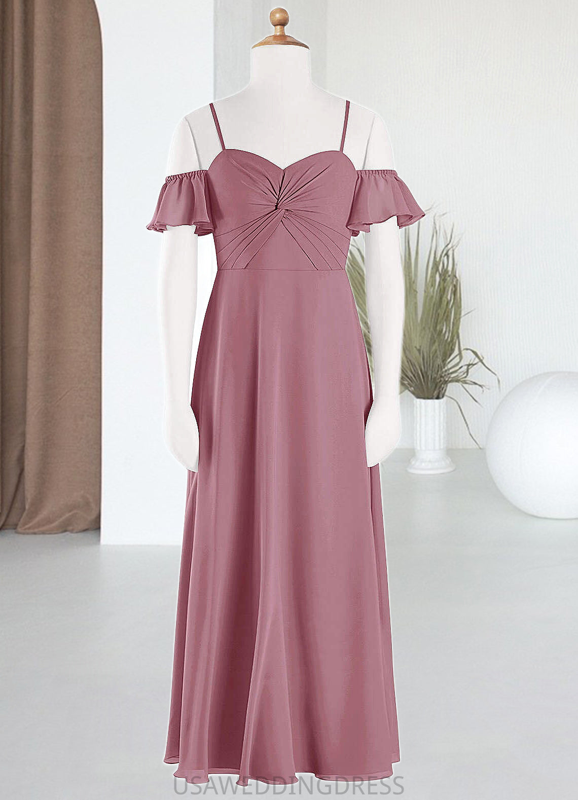 Kara A-Line Off the Shoulder Chiffon Floor-Length Junior Bridesmaid Dress Vintage Mauve DSP0022859