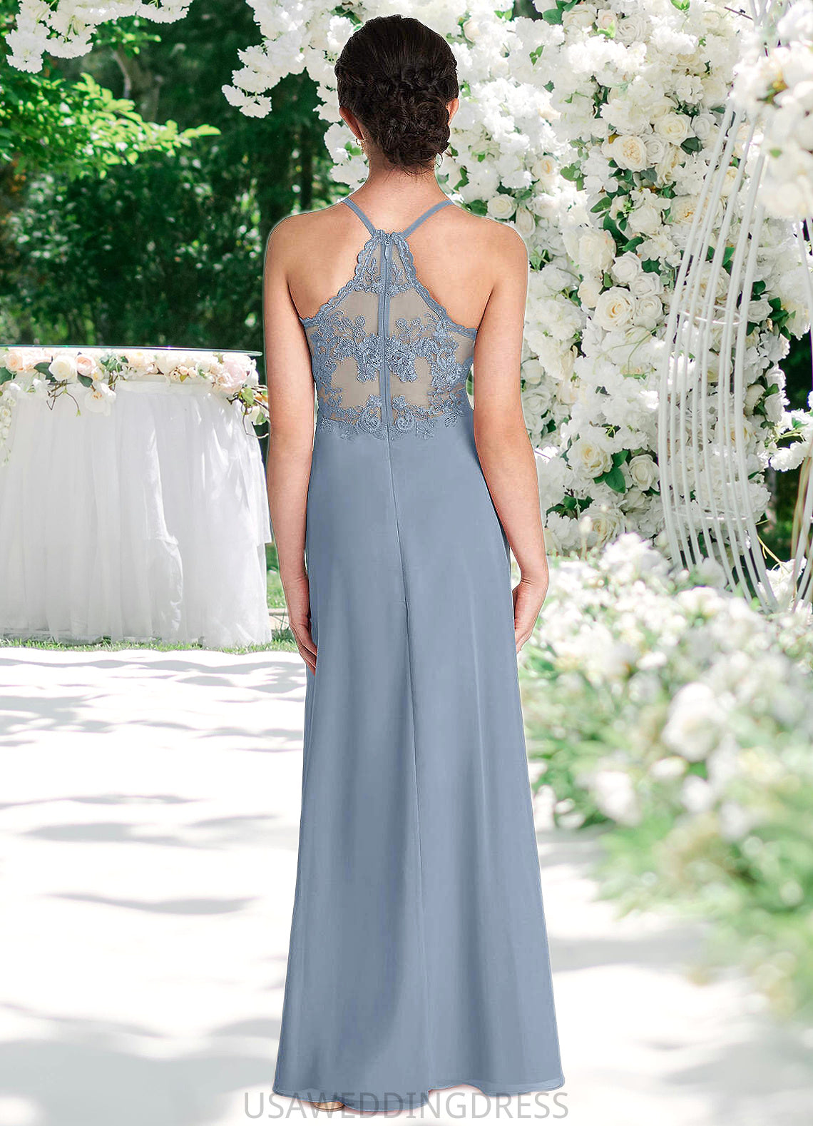 Lorna A-Line Lace Chiffon Floor-Length Junior Bridesmaid Dress dusty blue DSP0022860