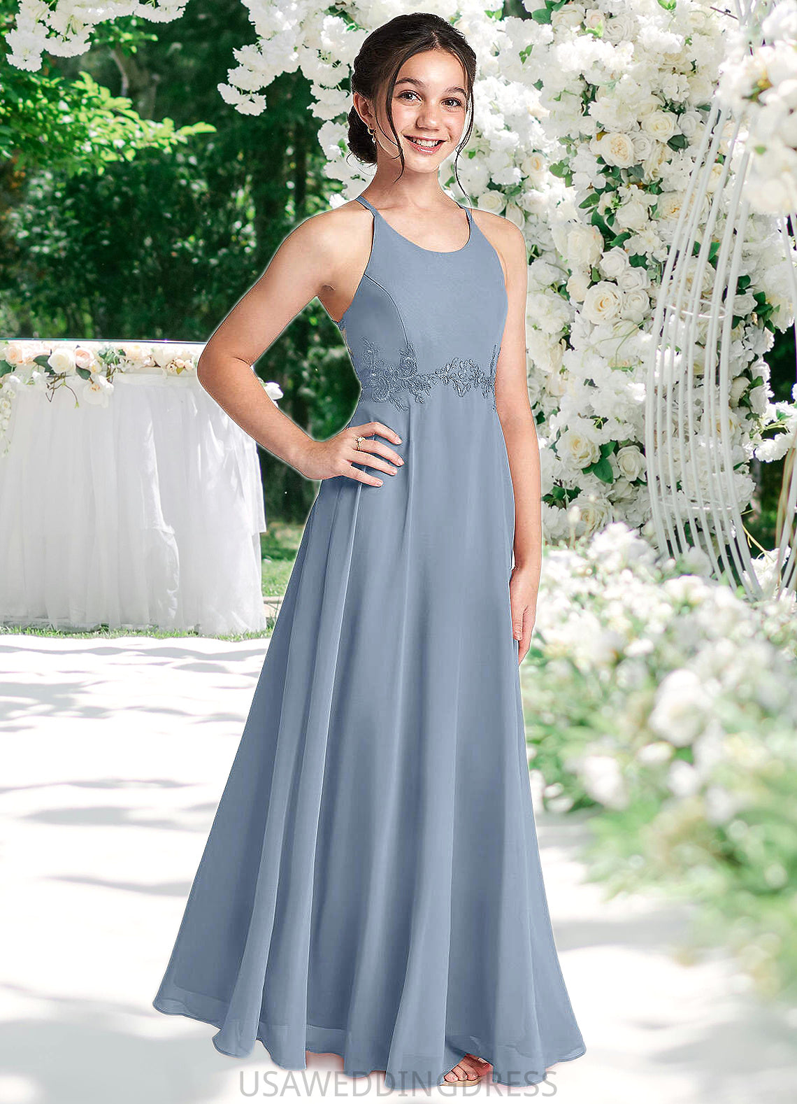 Lorna A-Line Lace Chiffon Floor-Length Junior Bridesmaid Dress dusty blue DSP0022860